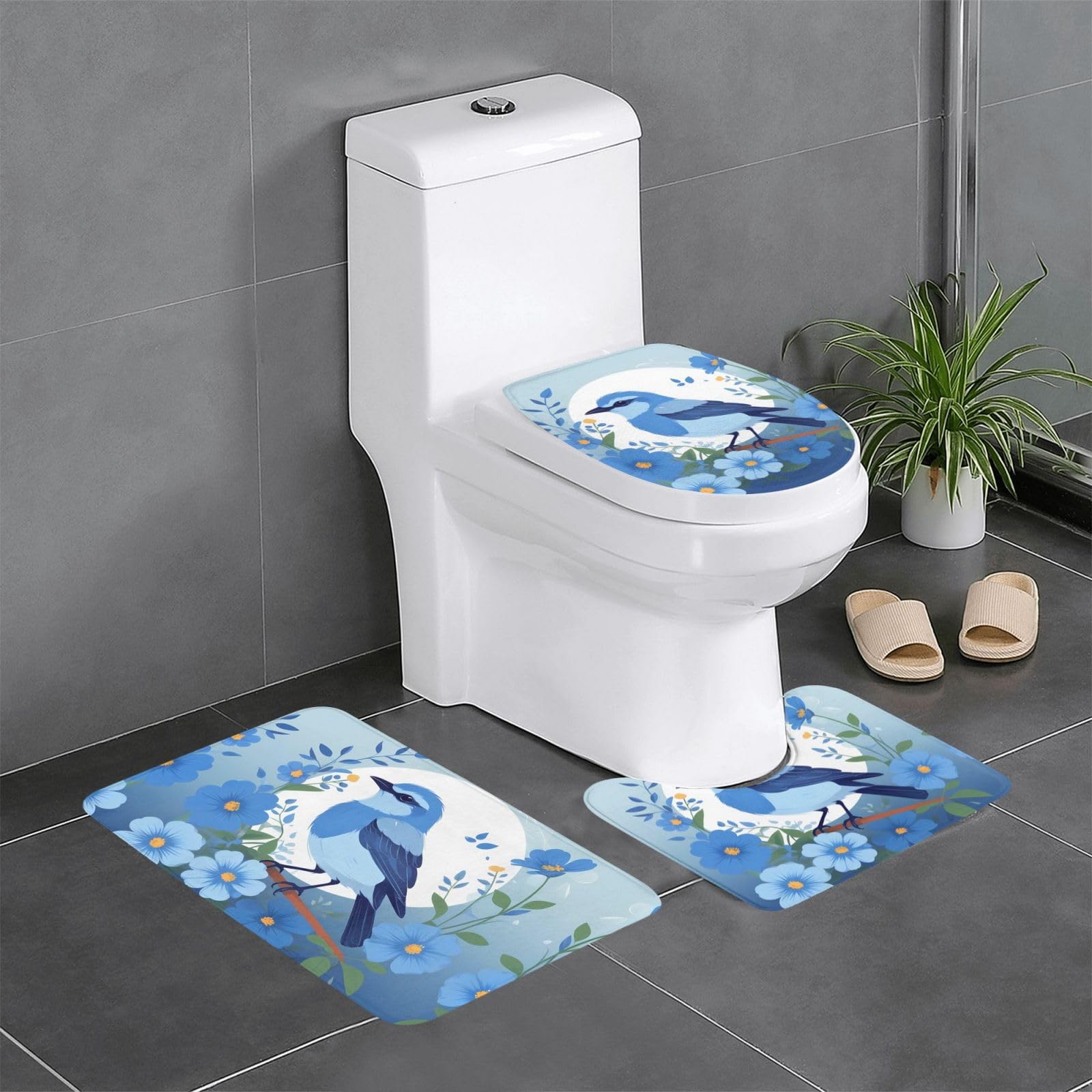 Tapis de salle de bain motif fleurs bleues pour WC et coiffeuse