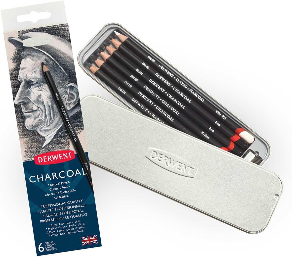 Derwent Charcoal Drawing Pencils Set of 6 with Sharpener Sketching Kit