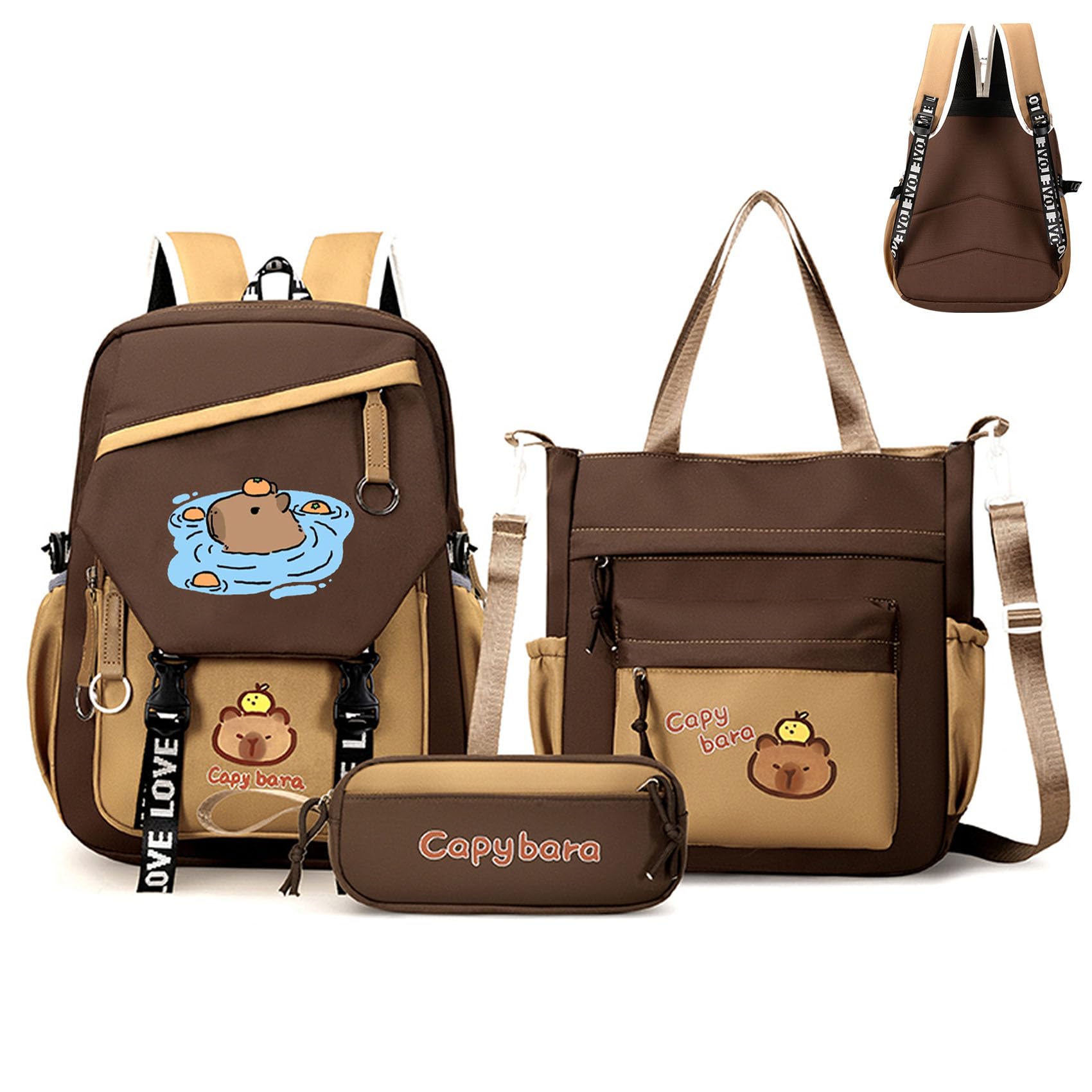Zhkvag Unisex Brown-3 Capybara Backpack Set,Large Capacity Cute Kawaii Cartoon Backpack 3Pcs Set With Lunch Box Bag Pencil Case (Brown-3)