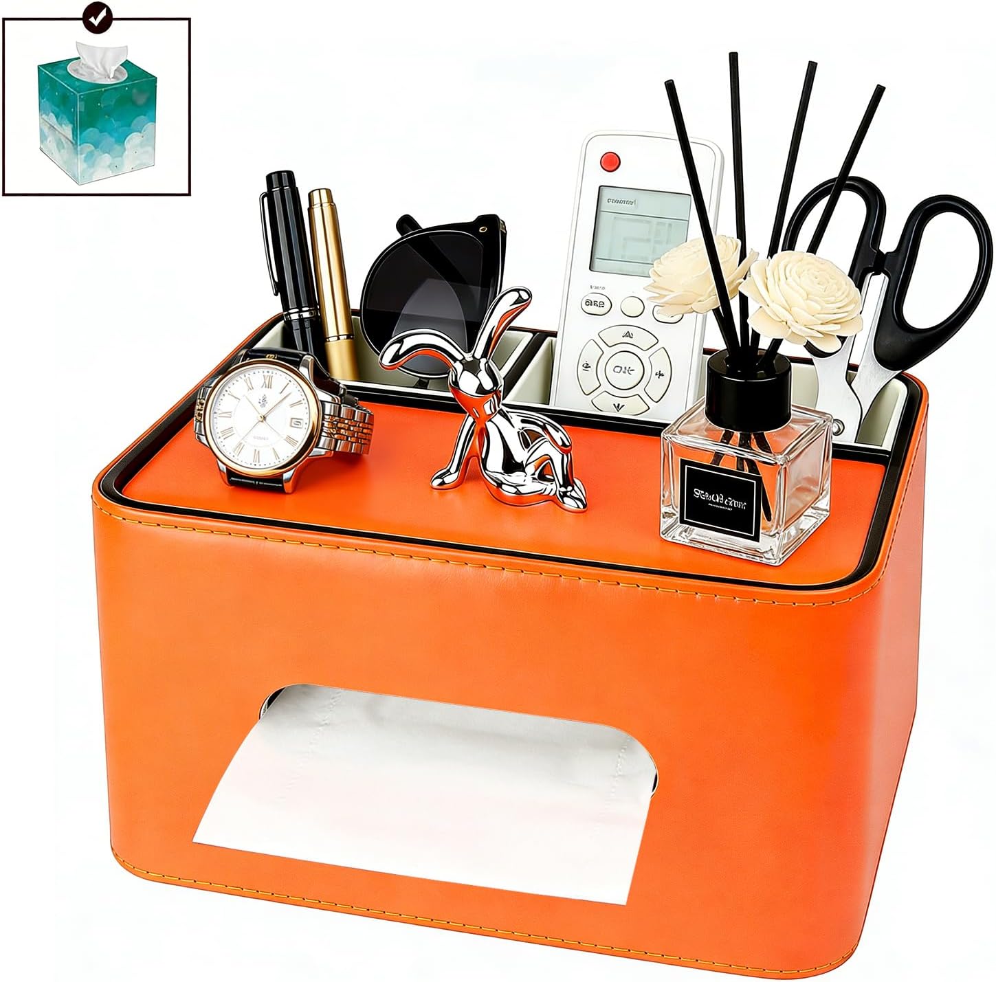 PU Leather Tissue Box Cover Square, Multifunctional Holder with Storage