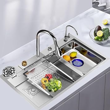 Kitchen Sink, Multifunction Waterfall, Professional Countertop Kitchen Sink Stainless Steel Washbasin,with High Pressure Pull-Out Faucet Brushed 68 * 45 * 21cm