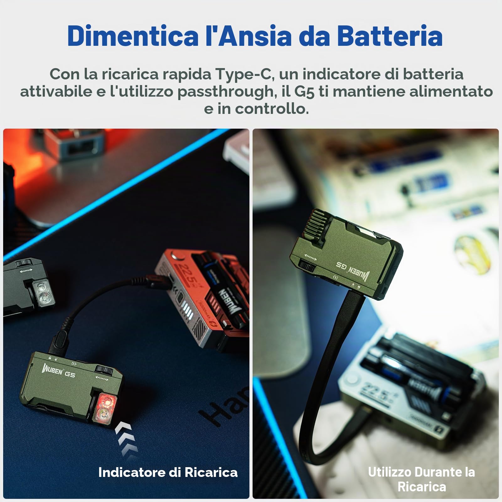WUBEN G5 Torcia ricaricabile, 400 lumen, super luminosa, piccola torcia EDC con luce RGB, mini torcia magnetica portachiavi, piccola torcia da campeggio leggera per emergenze all'aperto e domestiche