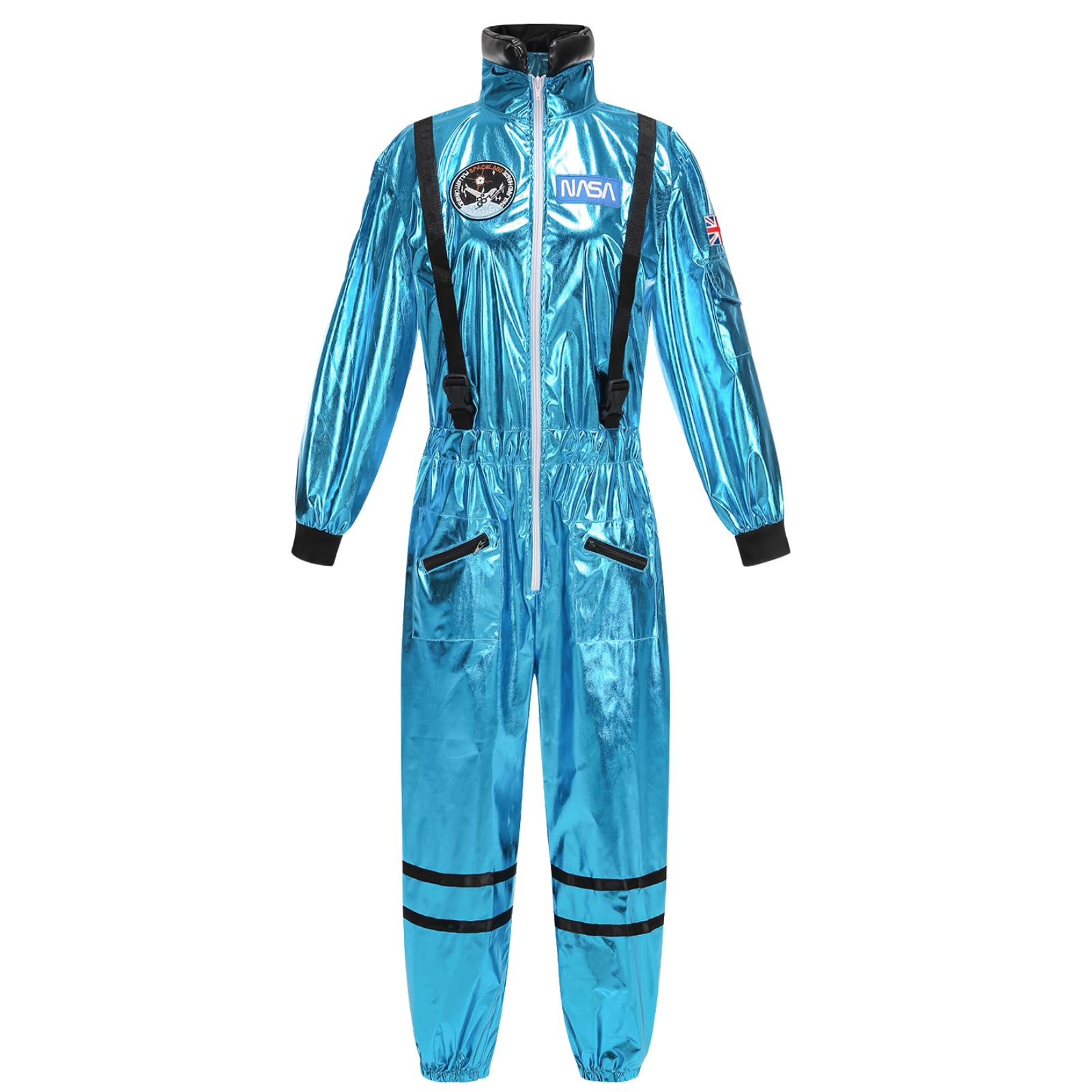 RRCBMD Women's Astronaut Costume Adult Shiny Blue Spaceman Coverall Flight Jumpsuit Halloween Cosplay Dress Up Space Birthday Gifts L