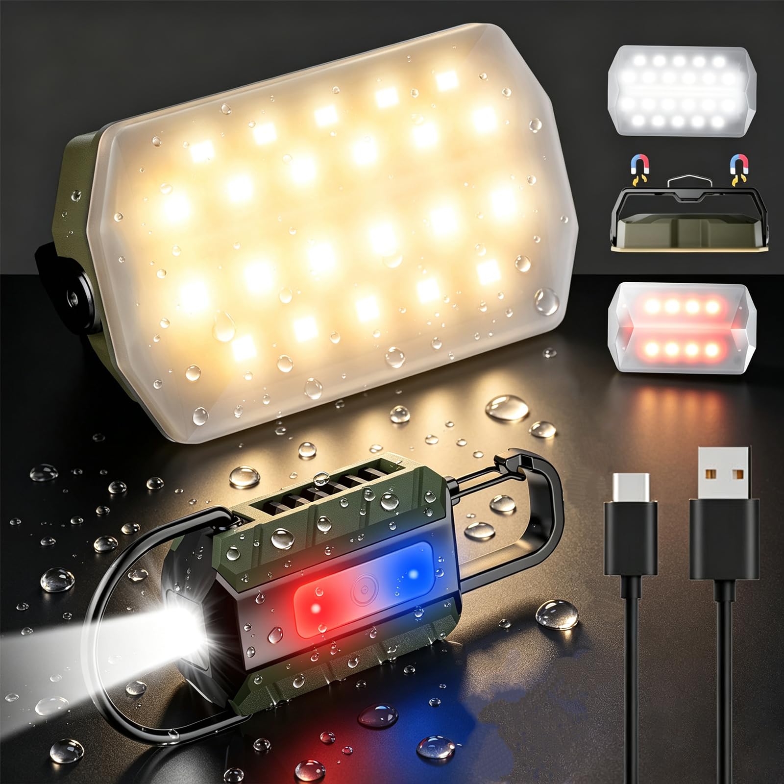 Skyfire Luce da campeggio magnetica con mini torcia portachiavi, 3 colori 4000 lanterna da campeggio ricaricabile, lanterna da campeggio con gancio, luci dimmerabili per campeggio, luce rossa, luce da