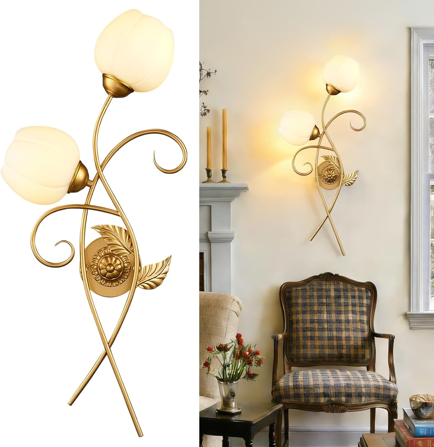 Gold Wall Sconce 2-Light Vintage Wall Lamp with White Glass Flower Shades, Hardwired Wall Light Fixture with Curved Glass Arms, E26 Ceramic Sockets for Bedroom, Living Room, Hallway，Entryway