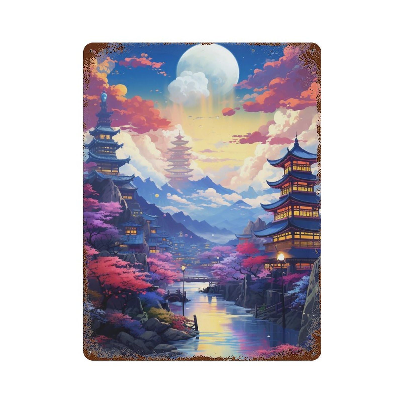 Cherry Blossom Moonlit Village -3 Decorative Tin Sign 15.7"x11.8", Vintage Wall Decor for Garage, Pub Or Kitchen