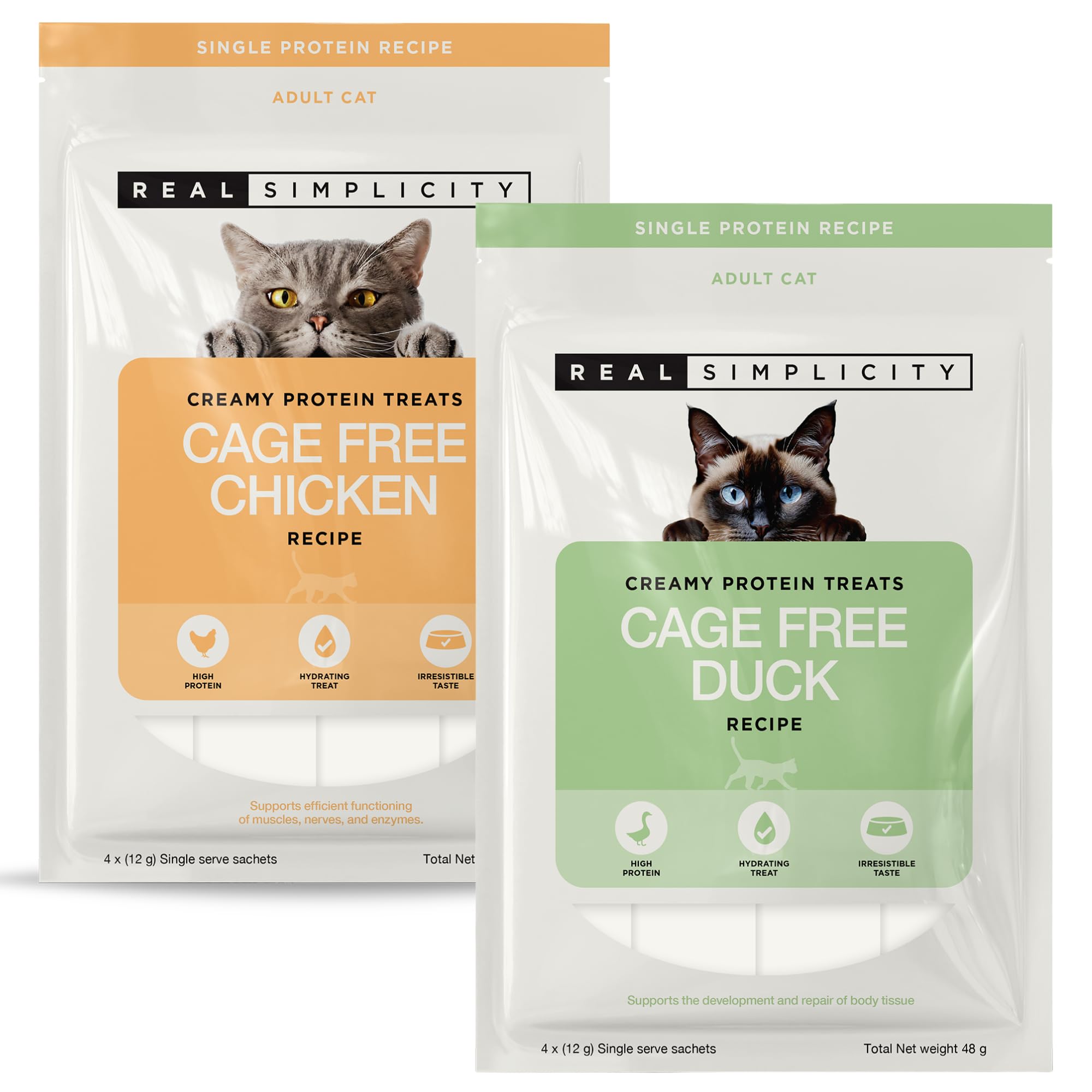 Real Simplicity Premium Lickable Cat Treats, Cage Free Poultry Collection, 35% Chicken & 45% Duck, High Meat Single Protein, Grain Free Cat Food Topper, Adult Cats, 16 x 12g (4 Packs) โ image 1