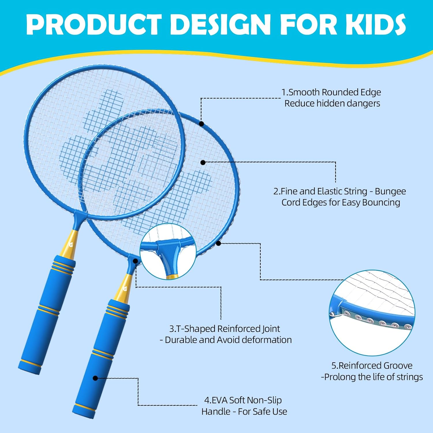 JOY SPOT! Kids Badminton Rackets Set with Soft Grip, Oversize & Lightweight Shuttlecocks Racquet with Carry Bag for Children Youth, 2 Player Sport Game for Indoor Outdoor Backyard Blue image 2 of 9 B0CLLCWCM8