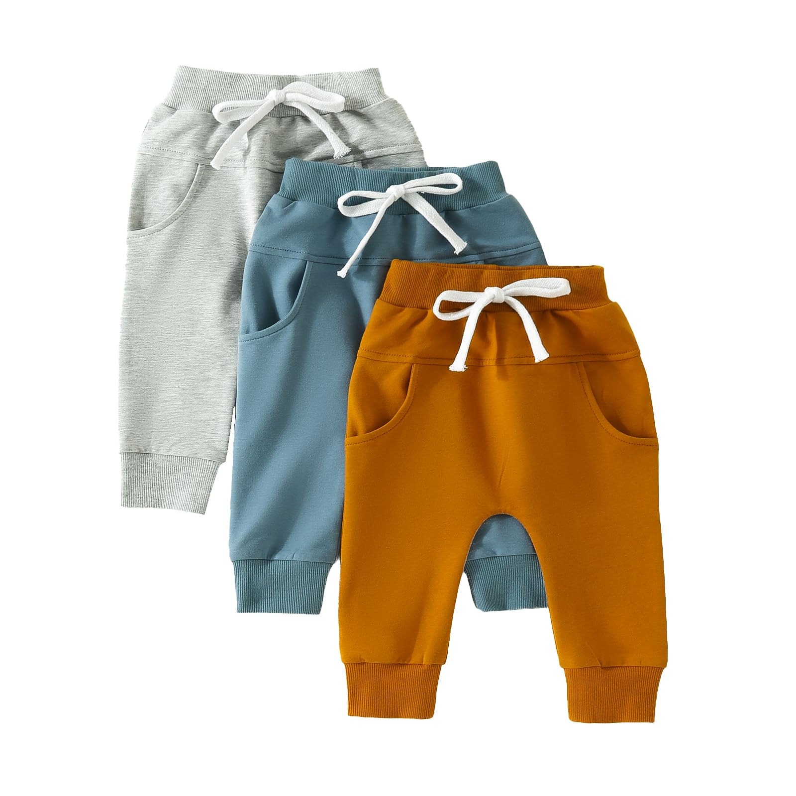 GINEVSAL Baby Boys Pants Infant Harem Pants Toddler Active Joggers Pants Athletic Trousers Solid Color Pocket Bottoms (Blue Brown Grey, 0-6 Months)