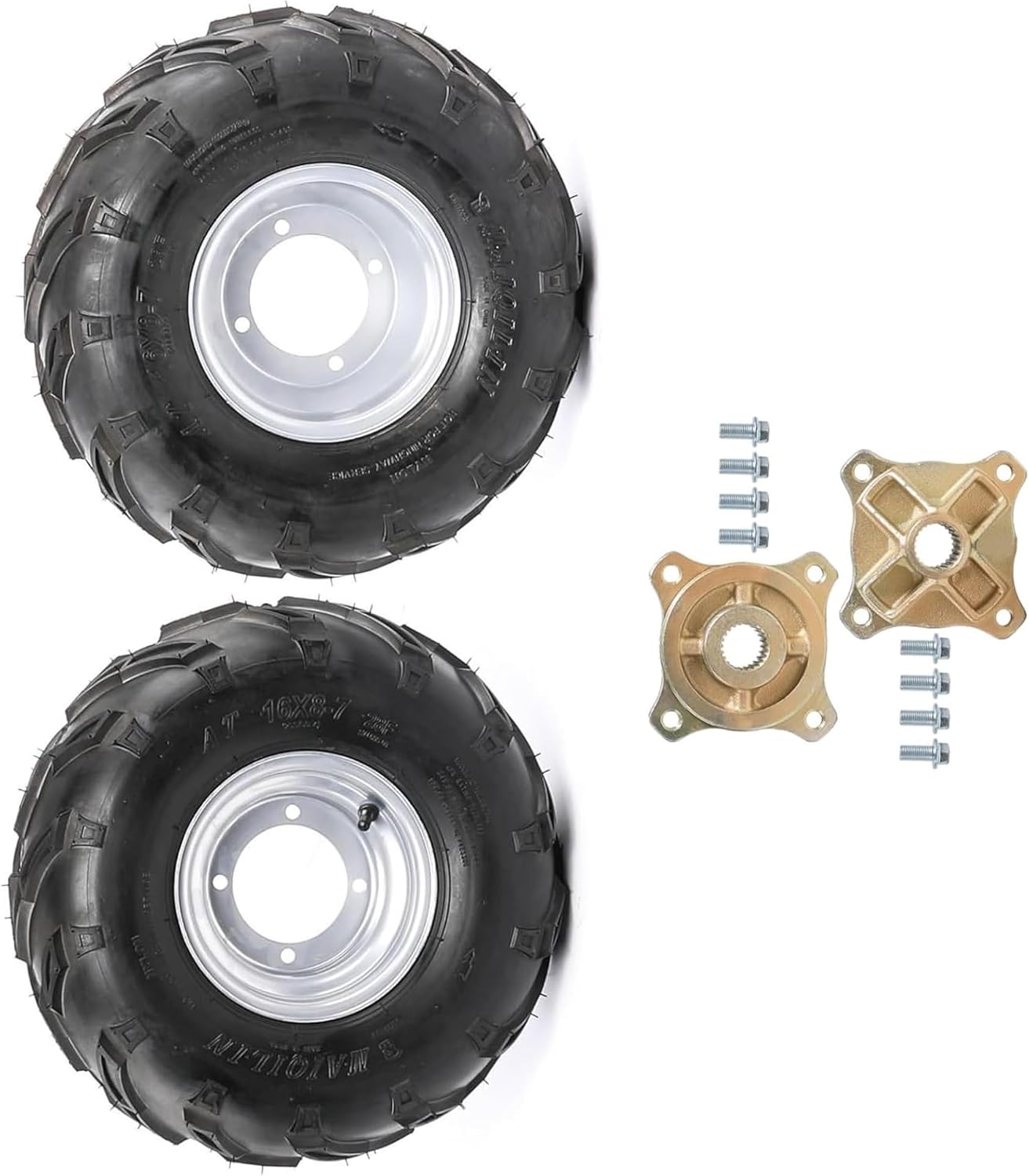 2PC 16x8x7 16x8-7 ATV Tires & Rims Rear Wheel Kit with 110mm 4-Lug Bolt Pattern, 24T Hubs – Heavy-Duty Off-Road Replacement for Taotao, Coolster, Go-Kart, UTV, Quad, Buggy, Riding Mower