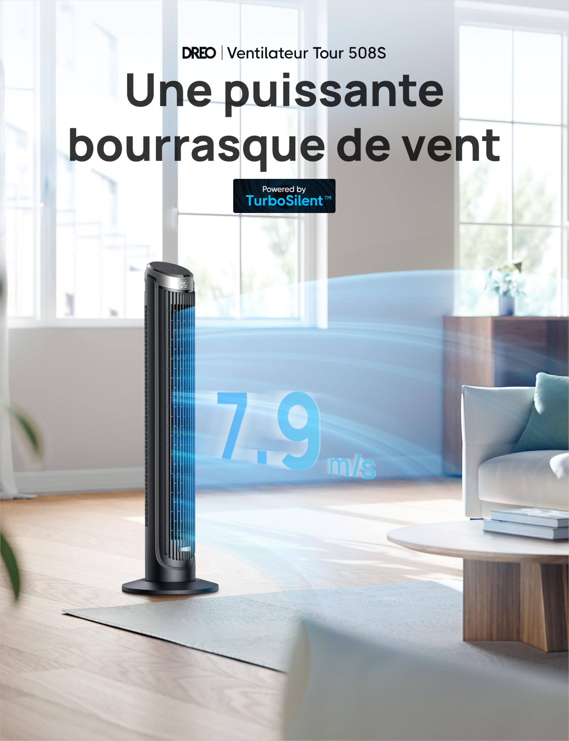 DREO Smart Ventilateur Colonne Silencieux, Oscillation à 90°, Ventilateur sur Pied pour Chambre, 7.9 m/s, 5 Vitesses, 4 Modes, Tactile/Télécommande/App & Commande Vocale, Alexa, Minuterie 12H, Argenté