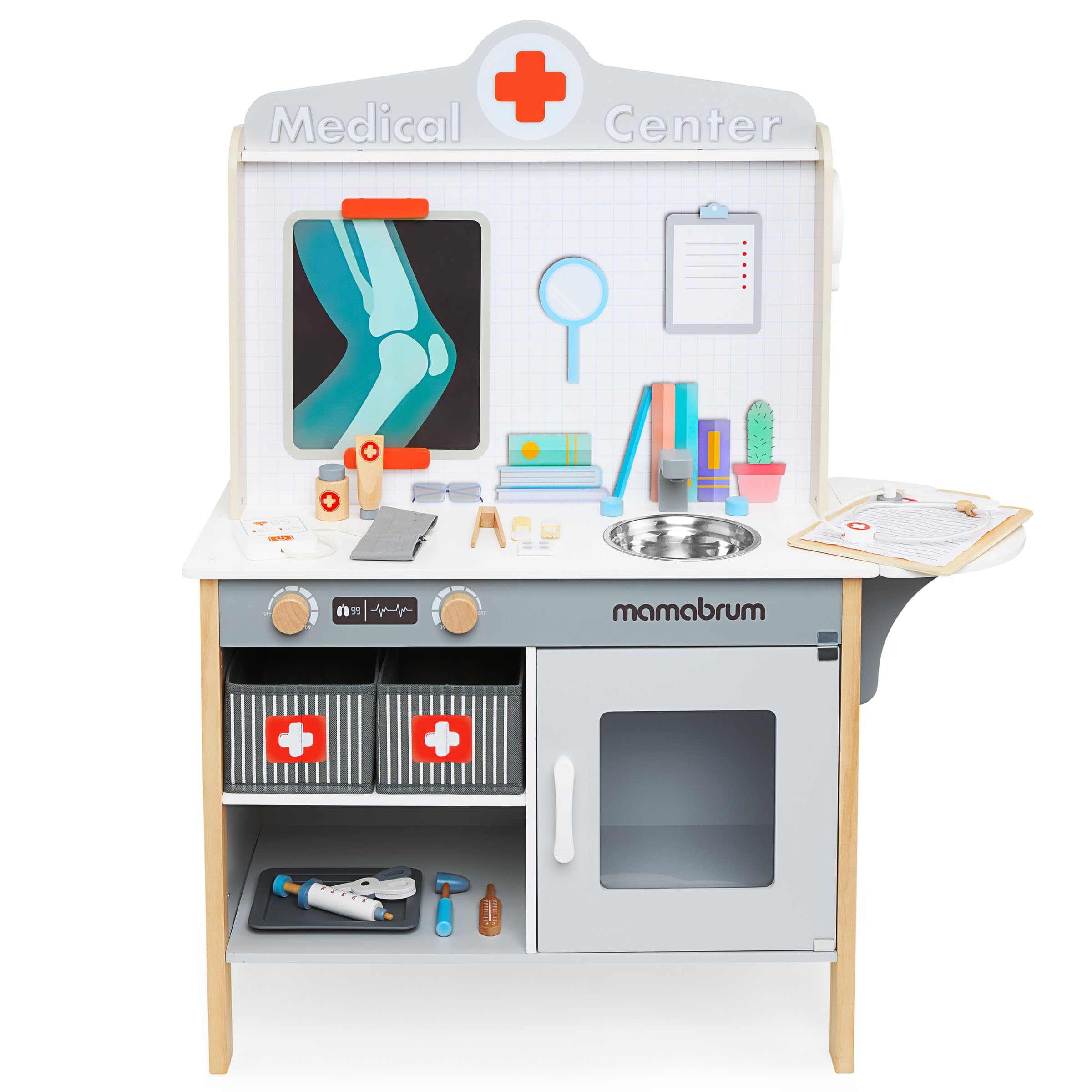Mamabrum Armadietto dei Medicinali in Legno XXL - Set da Medico con 20 Accessori Realistici e Valigetta per Bambini
