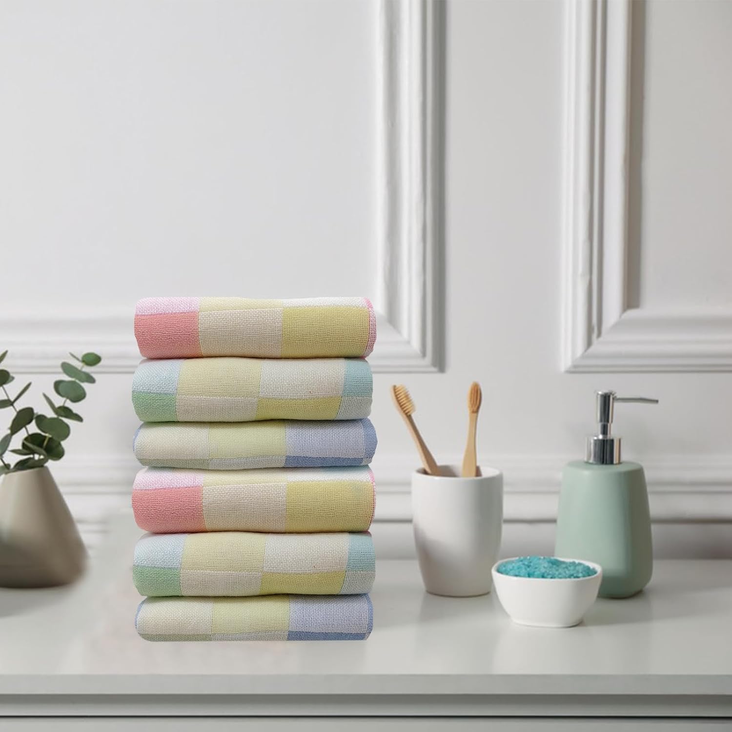 ABREEZE Three-Color Plaid Towels 6 Pack Medium Bath Towel 14 by 29.5 Inches, 100% Cotton Lightweight and Highly Absorbent Quick Drying Towels for Home Spa Hotel, Pink Blue and Green