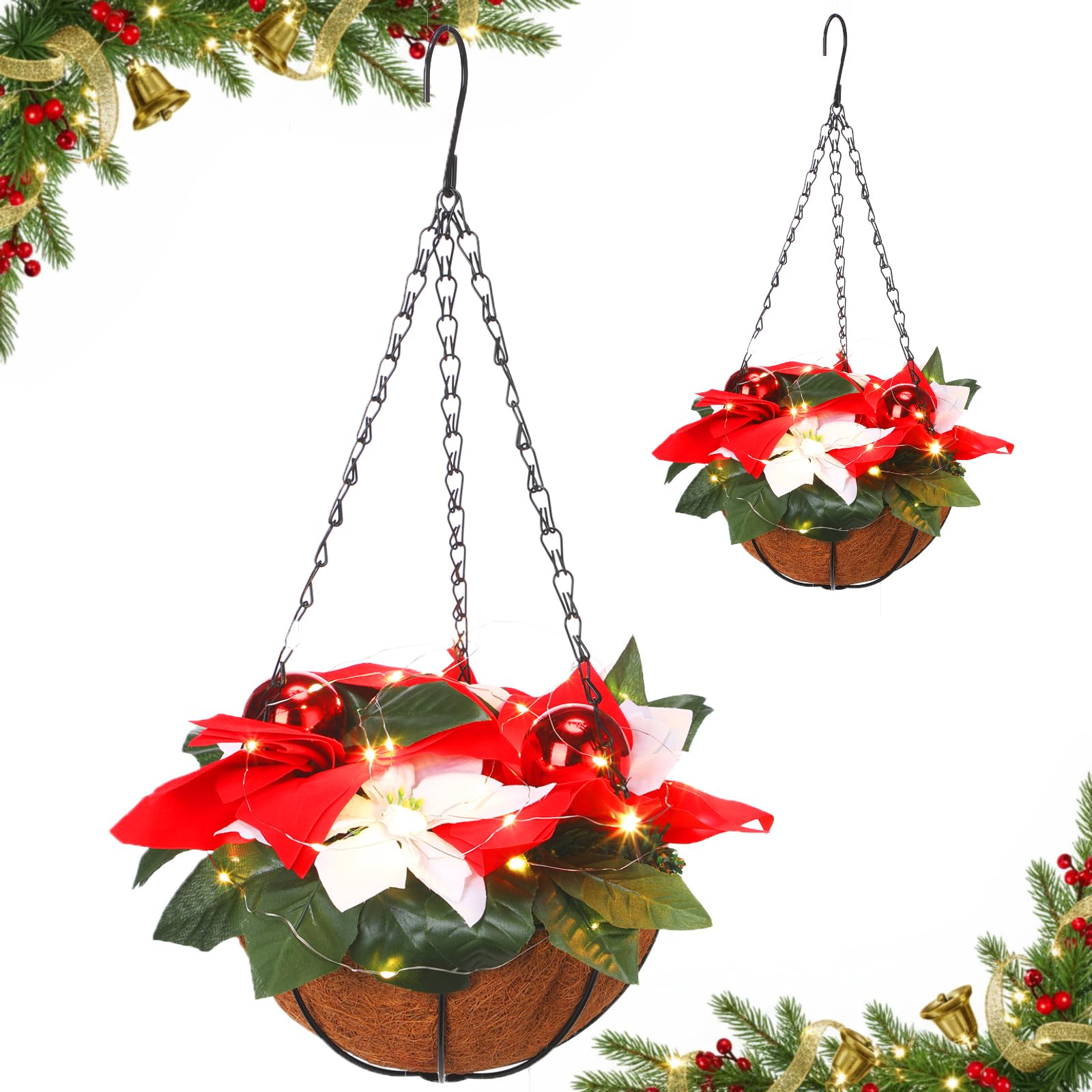 HyDren Lot de 2 fleurs de poinsettia artificielles pré-éclairées à suspendre pour intérieur ou extérieur, jardin, terrasse, porche (rouge et blanc)