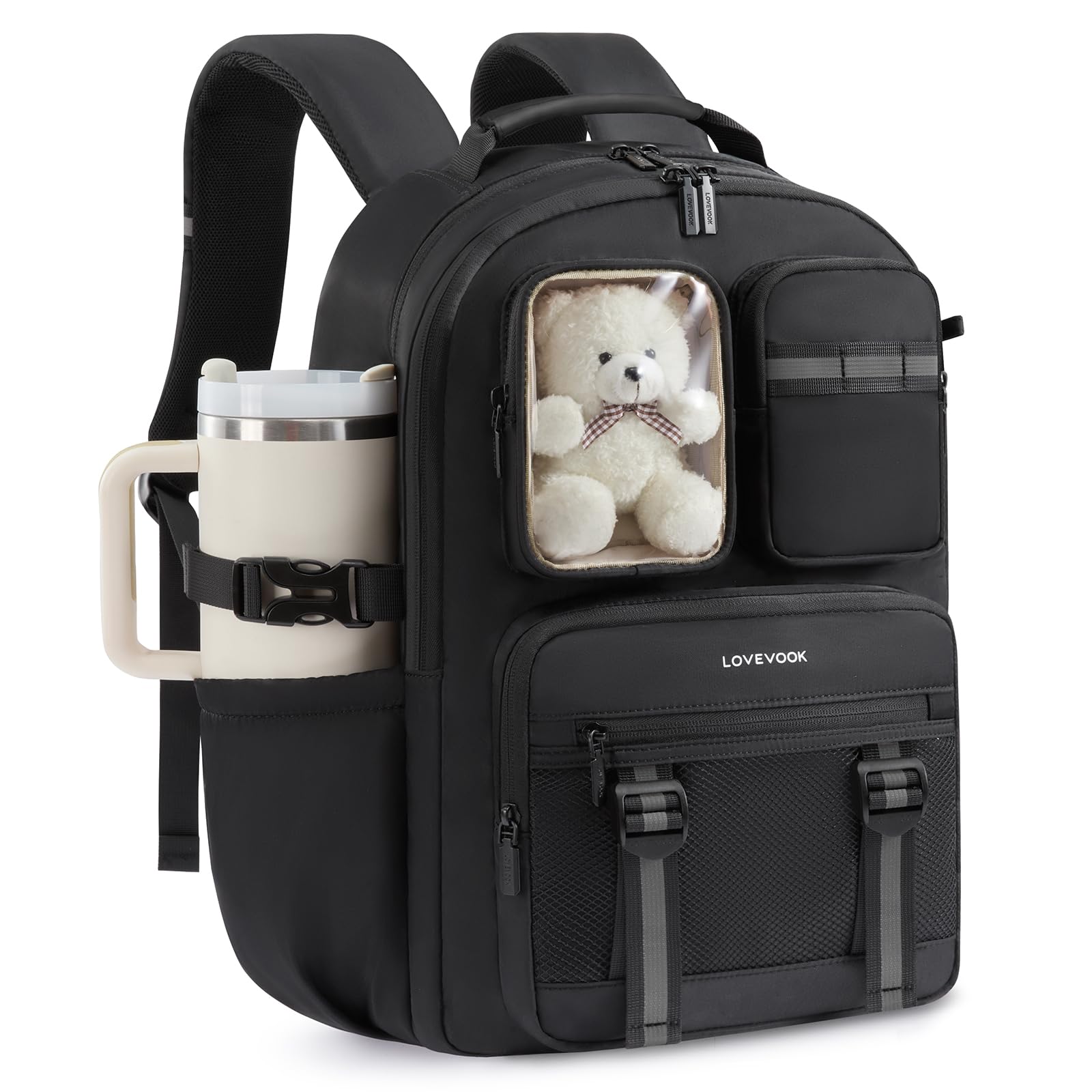 LOVEVOOK Schulrucksack Teenager Mädchen 7-16 Jahre, Schultasche mit Plüschbär & Sichtfenster, Passend für 15,6 Zoll Laptop & 1,2L Trinkflasche, Schulranzen Rucksack für Grund- & Weiterführende Schule