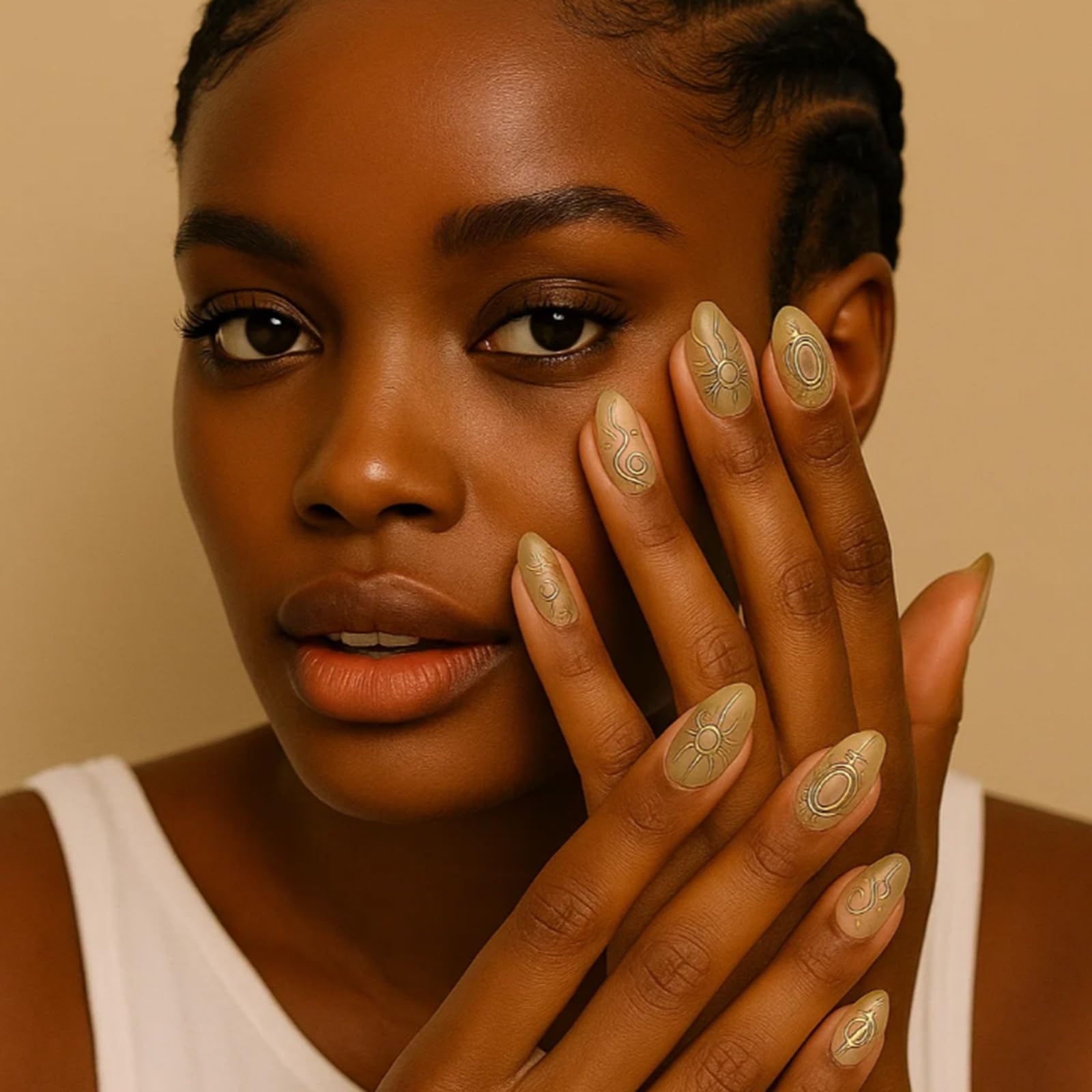 Short Oval Press On Nails, Green French Tip with Sun Pattern and Glitter Shine - Image 3