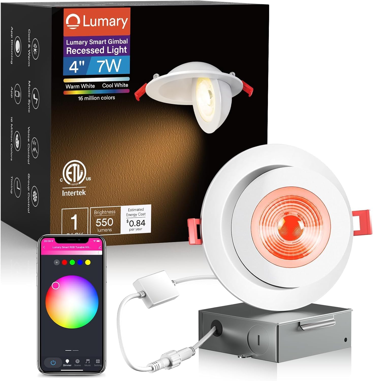 Lumary Smart Gimbal LED Recessed Lighting 4 Inch, 360°+ 90° Adjustable, ETC & COB Light, 7W 550lm RGBCW Directional Lights Eyeball Color Changing Lights, Work with Alexa Google Assistant, 1 Pack Lumary Smart Gimbal LED Recessed Lighting 4 Inch, 360°+ 90° Adjustable, ETC & COB Light, 7W 550lm RGBCW Directional Lights Eyeball Color Changing Lights, Work with Alexa Google Assistant, 1 Pack