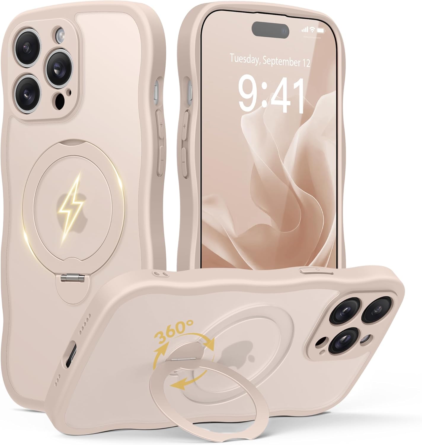 GolbinBox for iPhone 14 Pro Case for Women,[Compatible with Magsafe][360° Spin Magnetic Stand][Cute Wave Edge][Military-Grade Protection] Translucent Matte Phone Case for iPhone 14 Pro, Rose Gold