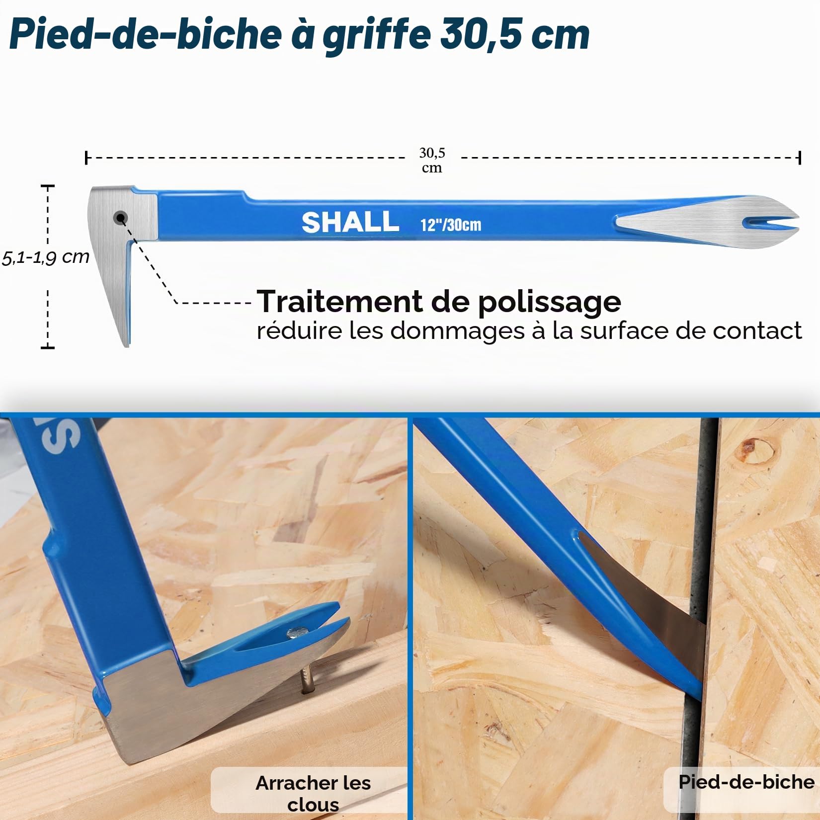 SHALL Pieds de biche lot de 4,Pied de biche plat pour pied de vache, Tire-ongles haute performance,Outil arrache-clou pour planches, revêtements de sol, retrait de clous