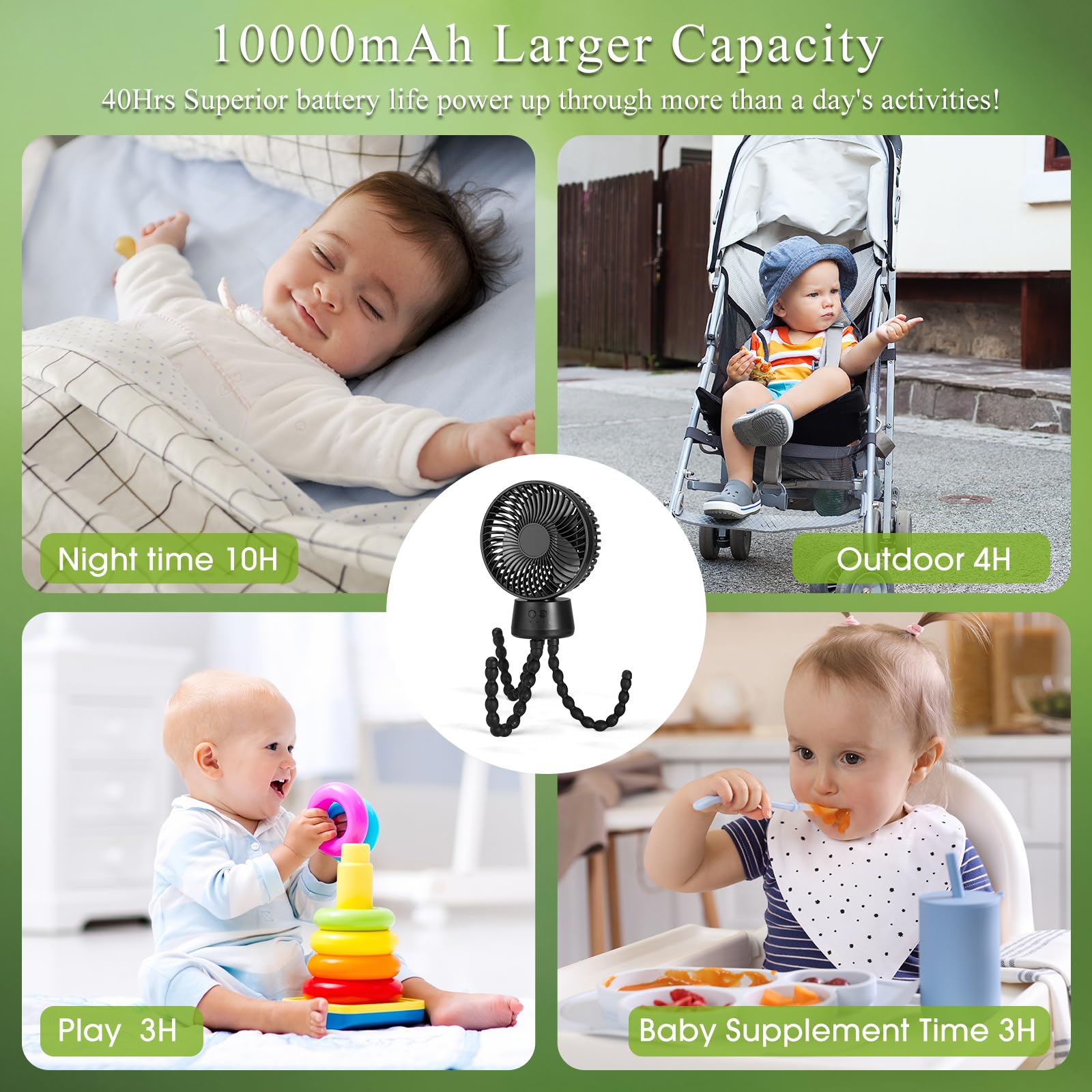 POPERFUN Ventilador Carrito Bebe 10000mAh, Ventilador Portátil para Cochecito con Luz LED, 3 Velocidades Ventilador USB Recargable para Cochecito, Moisés, Asiento de Coche, Oficina, Viaje (Negro)