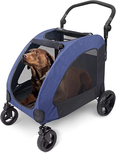 Pet Four-Wheeled Stroller Dog Trolley Cat Carts Foldable for Medium Large Dogs Outgoing, Load Within 50kg (Blue)