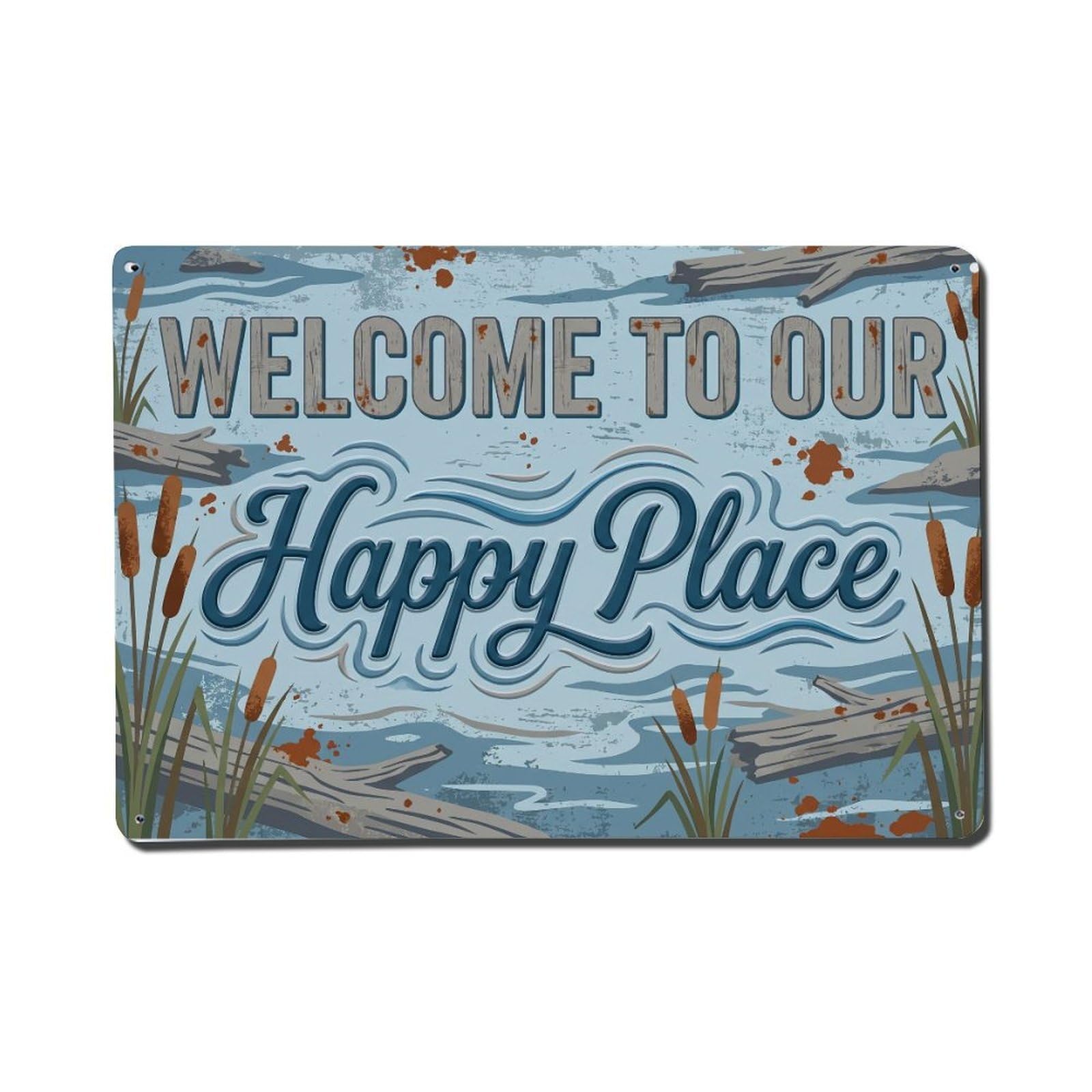 Welcome To Our Happy Place Riverside Dock 1 Metal Tin Sign Plaque Wall Decor for Cafe, Club Bar, Office, Home Garden Metal Poster 8x12Inch