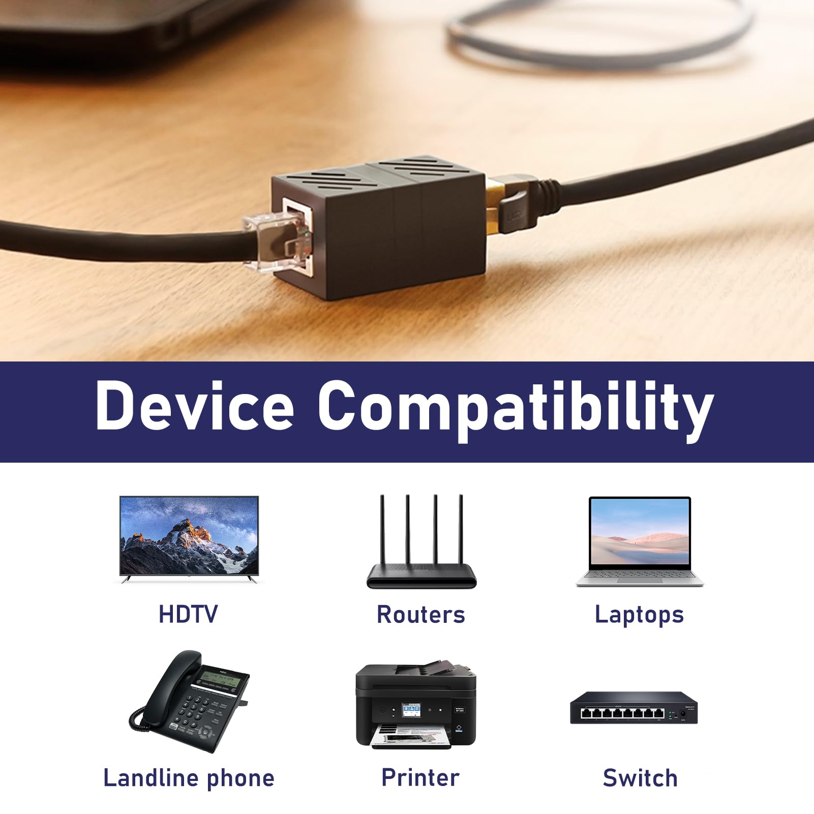 Lot de 2 Adaptateur RJ45 vers RJ11, Adaptateur ADSL RJ45, Connecteur Femelle RJ11 (6P4C) vers Mâle (8P4C), Câble Téléphonique et Coupleur Ethernet pour Téléphone, Fax, CCTV, Modem ADSL