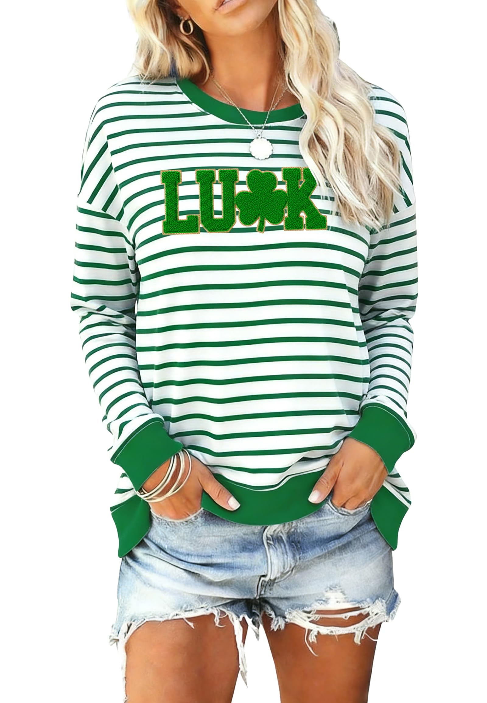 St Patricks Day Sweatshirts for Women Irish Lucky Clover T-Shirts Embroidered St Pattys Sweater Long Sleeve-image-40