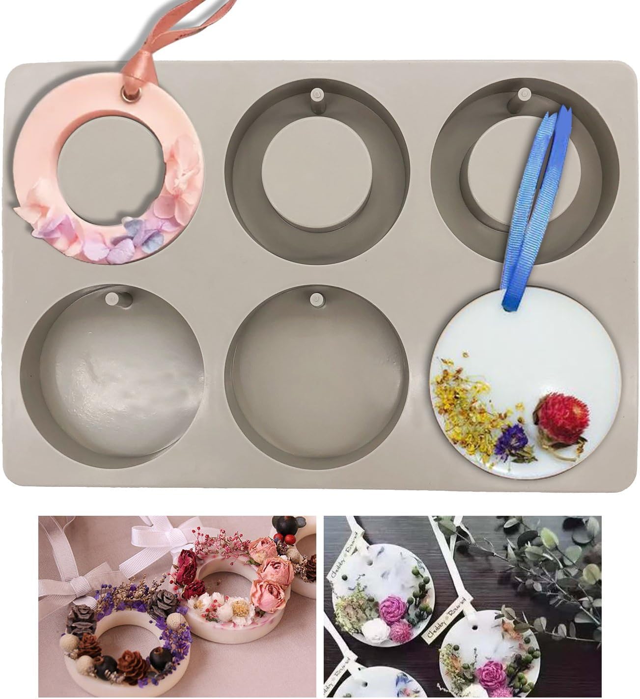 RKPM HOMES Aromatherapy Wax Mold I Silicone Fondant Mould with Hanging Hole I Dried Flowers Resin Soap Clay Craft Jewelry Making Molds DIY Pendant Bookmark Necklace I Grey - 6 Cavity (Round Large) 4