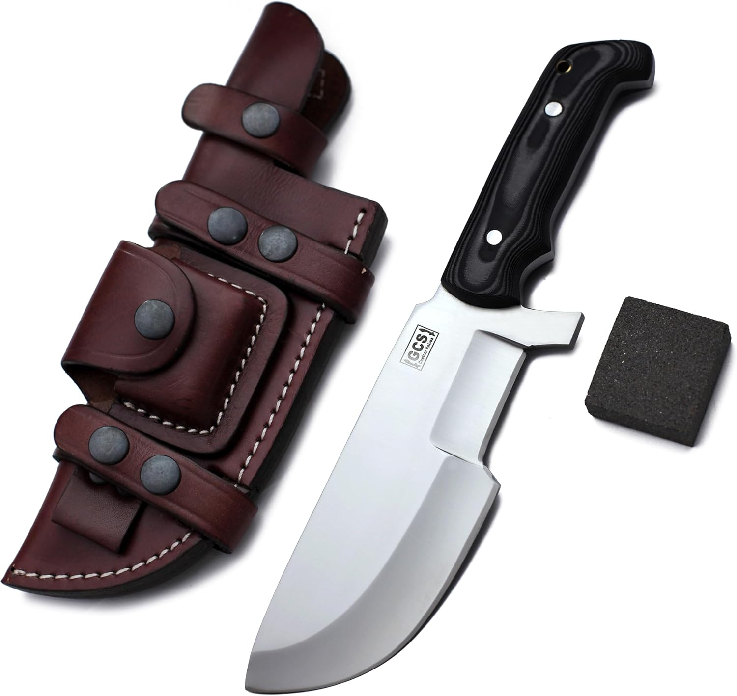 GCS Handmade Hunting Knife - BLACK & WHITE G10 Handle, D2 Tool Steel Blade - Brown Leather Horizontal Sheath for Right- or Left-Hand Carry & Sharpening Stone - GCS 249