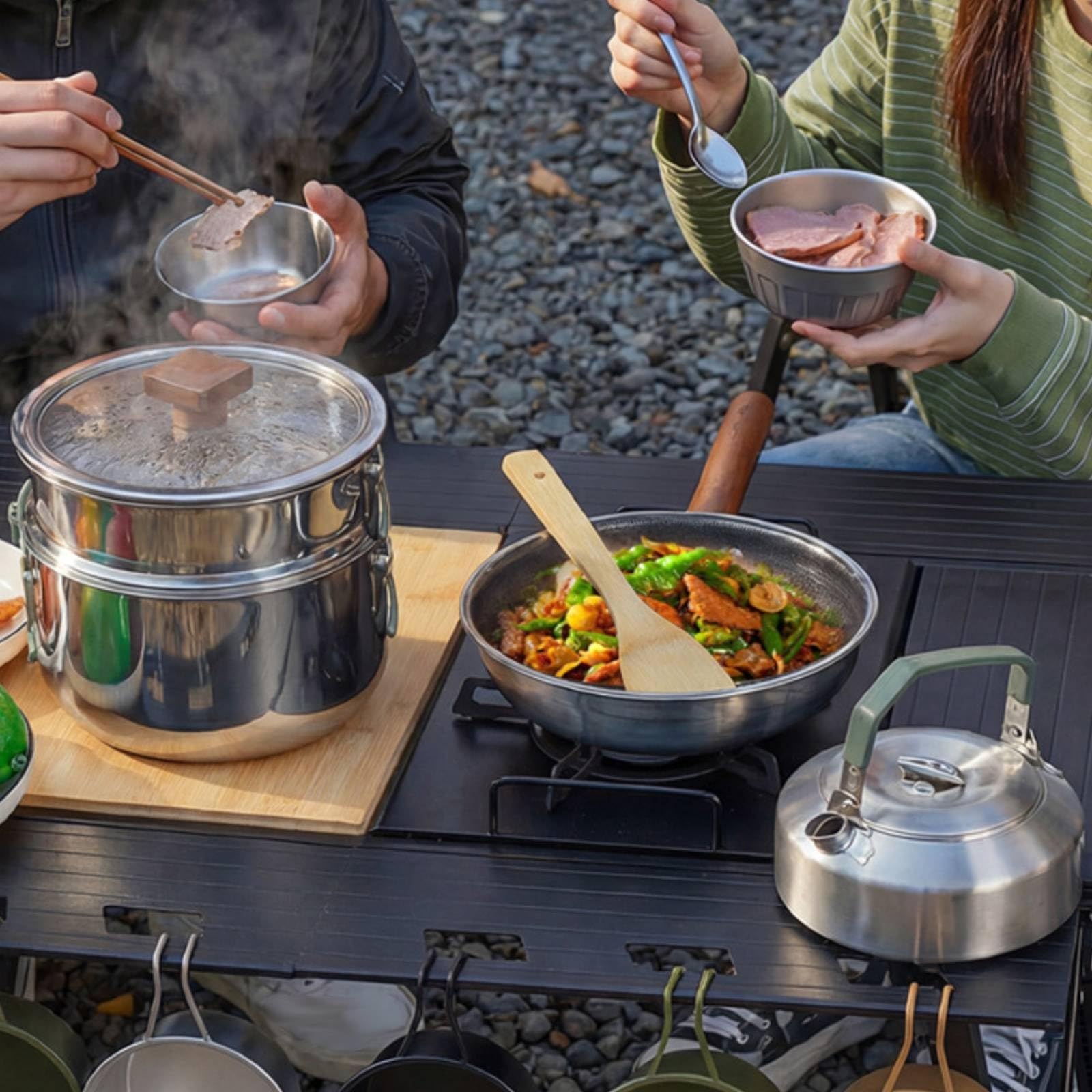 Set di Cucina da Campeggio in Acciaio Inox 304 Resistente Pentole e Padelle da Campeggio con Coperchio Set di Pentole in Acciaio Inox per Picnic