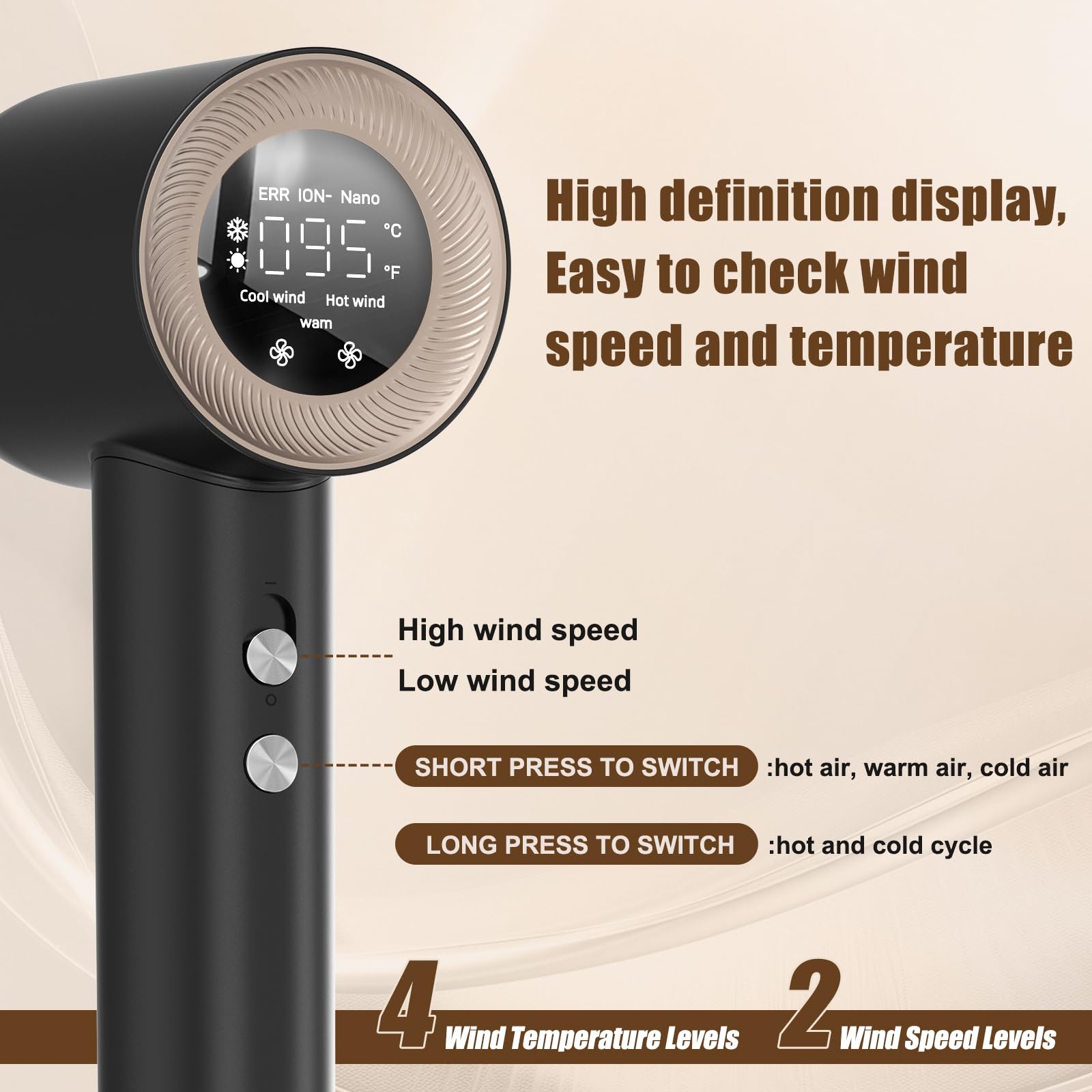 Secador Pelo Profesional con Difusor y Boquillas, 59 dB de Ruido Bajo Secador Pelo Ionico, Motor Sin Escobillas de 160.000 RPM, Hair Dryer con 4 Temperaturas y 2 Velocidades, Negro