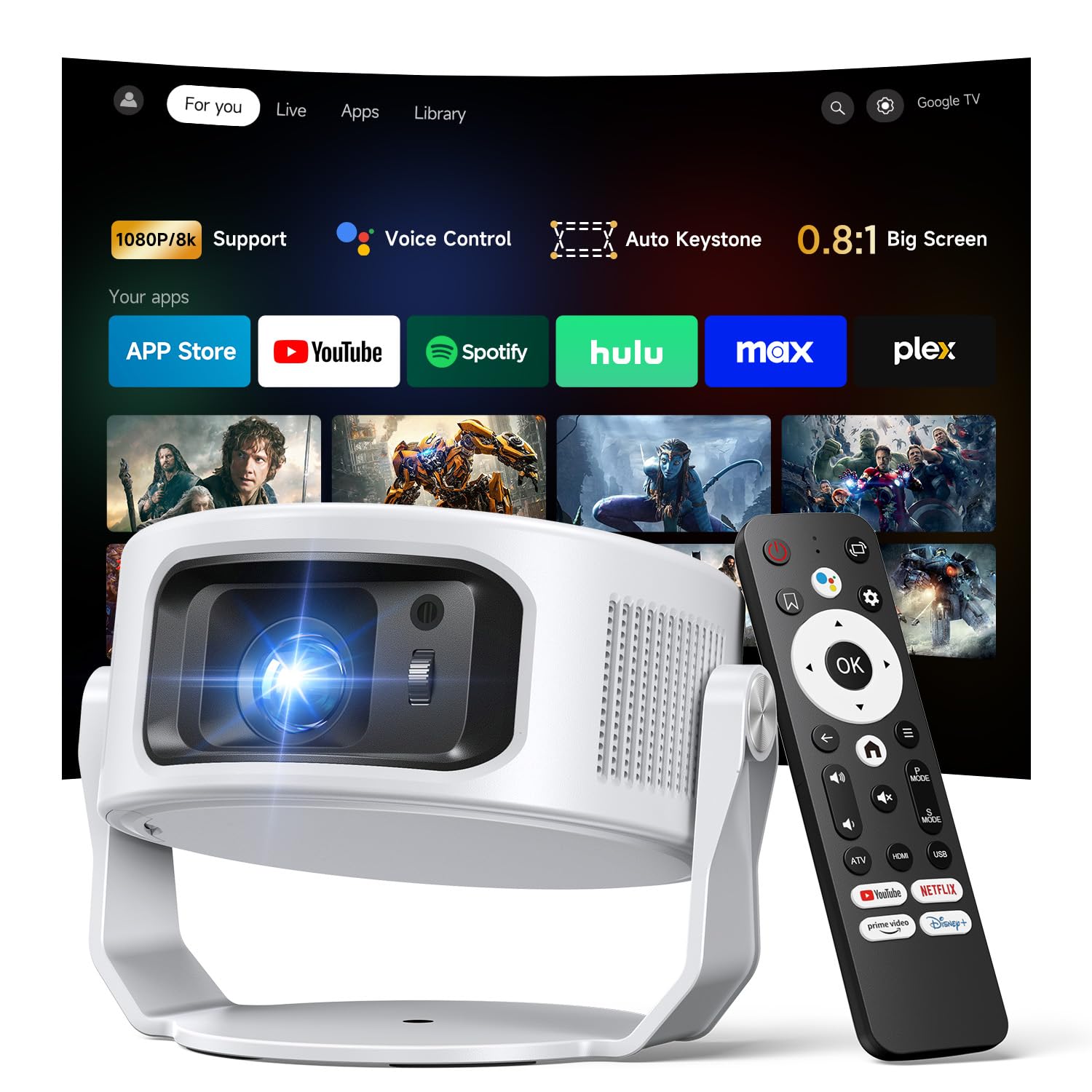Philoent【Google TV Included】Smart Mini Projector, Ultra Short