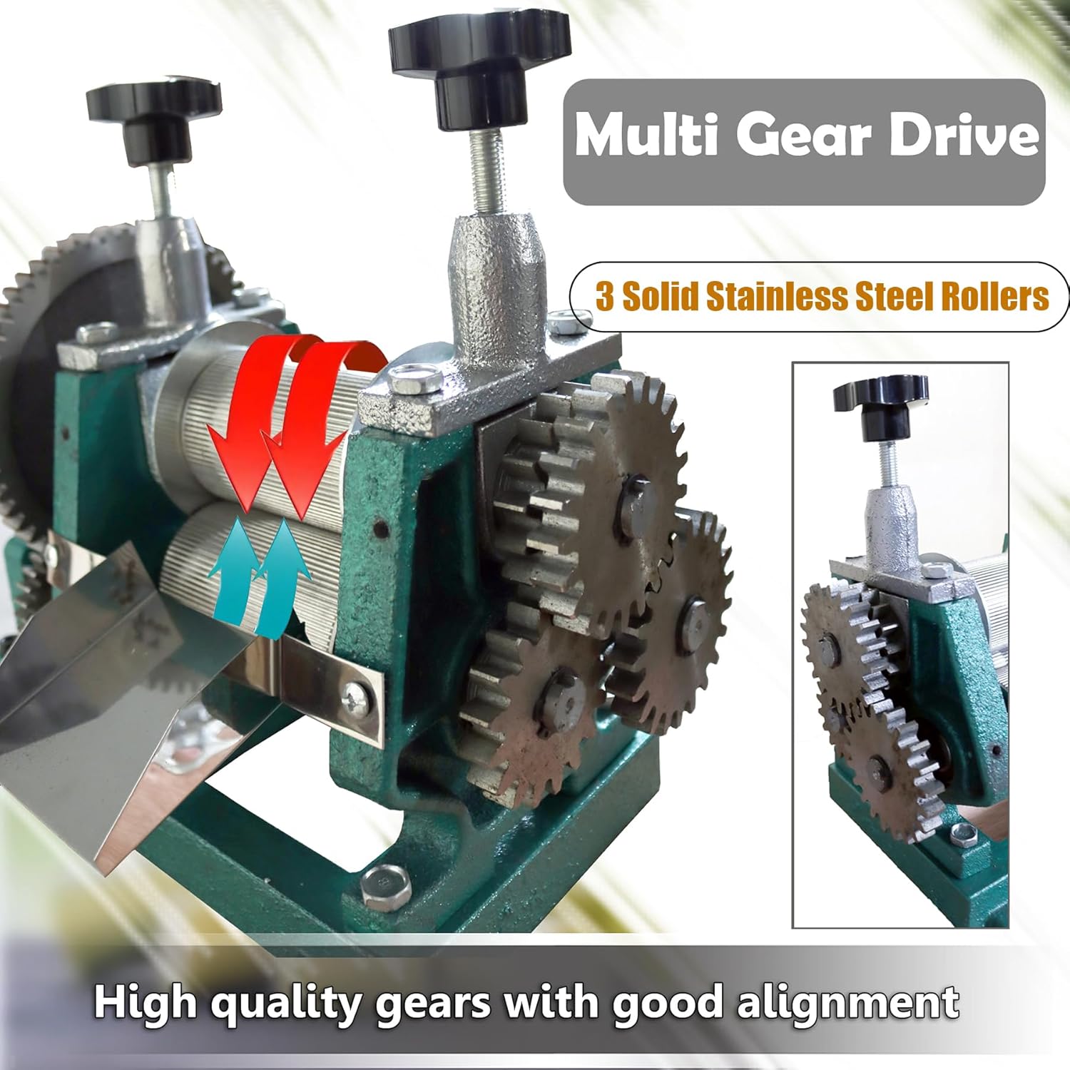 INTSUPERMAI Manual Sugar Cane Juicer Machine Commercial Sugarcane Press Extractor Crusher Squeezer with 110-330lb/h Output 2 Knives Stainless Steel Shell
