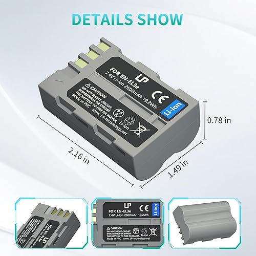 Miniatura 4 de Paquete de baterías EN-EL3e, LP 2 unidades, repuesto para Nikon EN-EL3, El3e, El3a, compatible con Nikon D50, D70s, D80, D90, D100, D200, D300s,