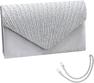 Envelope Clutch Bag with 1pc 120cm and 1pc 40cm Silver Chain, Silver Diamond Envelope Bag, Satin Shiny Purse, for Prom, Dinner, Party, Wedding