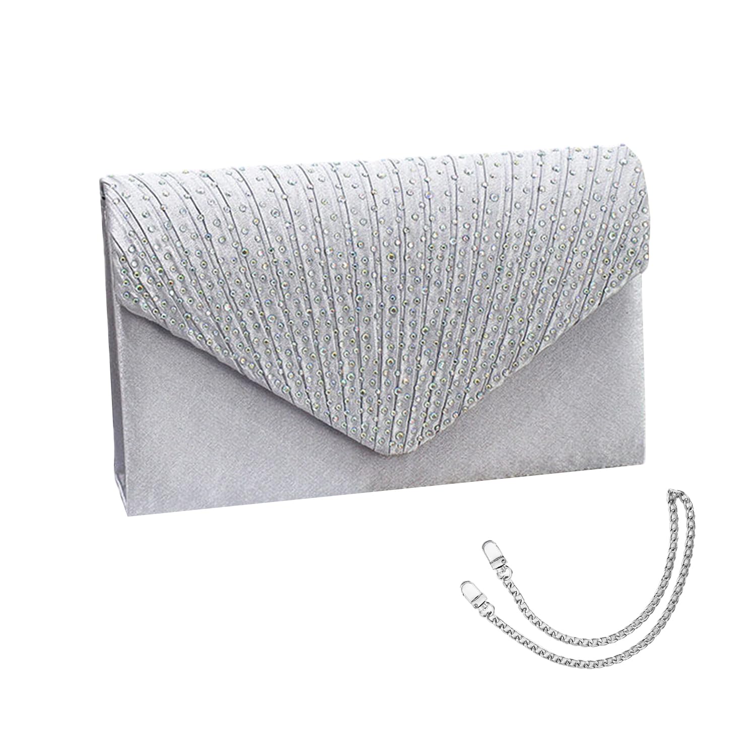 Un bolso de mano con 1 pieza de 120 cm y 1 pieza de cadena de plata de 40 cm de cadena plateada con diamantes de imitación de satén brillante para bailes, cenas, fiestas, bodas