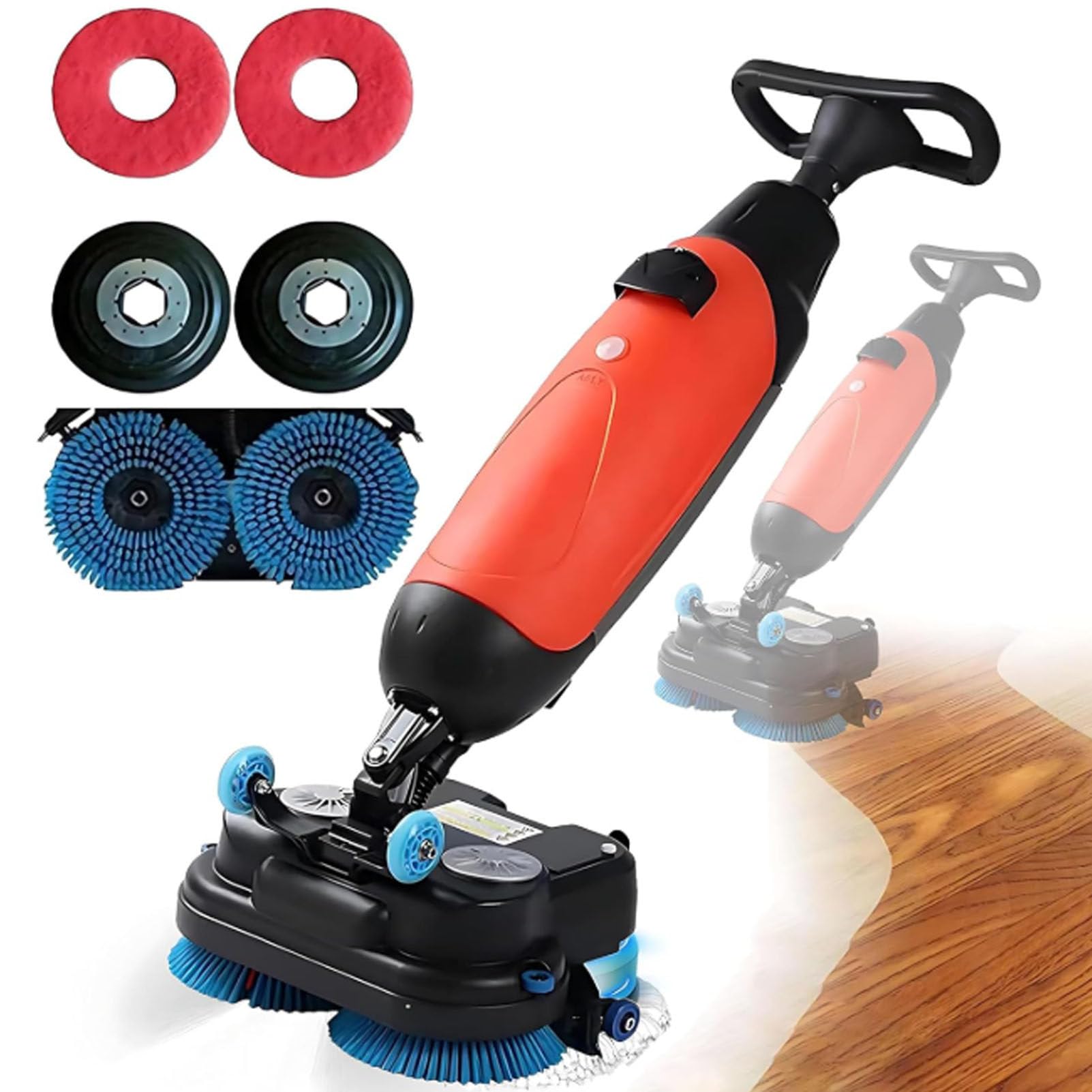 Oiyekntd Commercial Walk Behind Floor Scrubber, Floor Buffer Machine for Large Area Cleaning, 17” Path, Cordless Operations,Double Brushes and 360° Swivel Head Dual Tanks Red