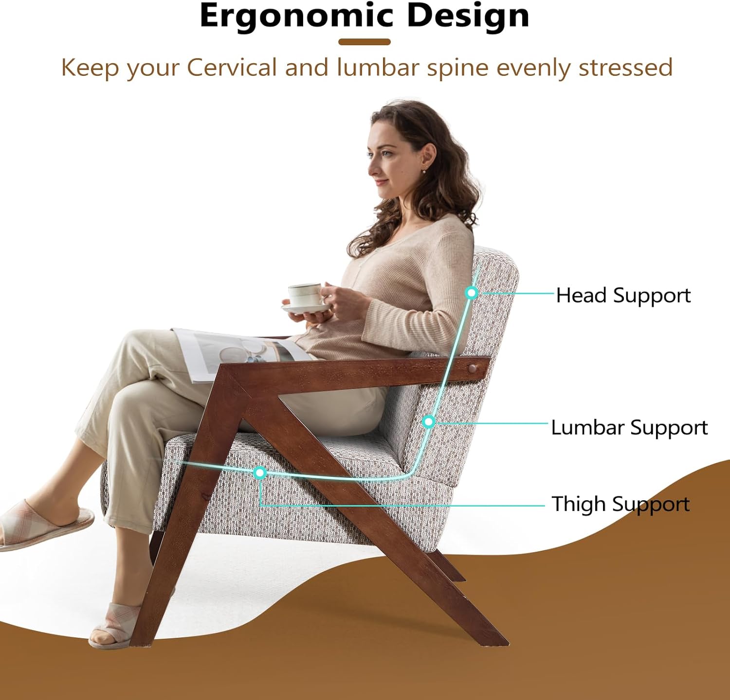 Bonzy Home Mid-Century Modern Accent Chair with Solid Wood Frame, Upholstered Armchair for Bedroom & Living Room,Reading Side Chair with Soft Lien Fabric Cushion,Easy Assembly