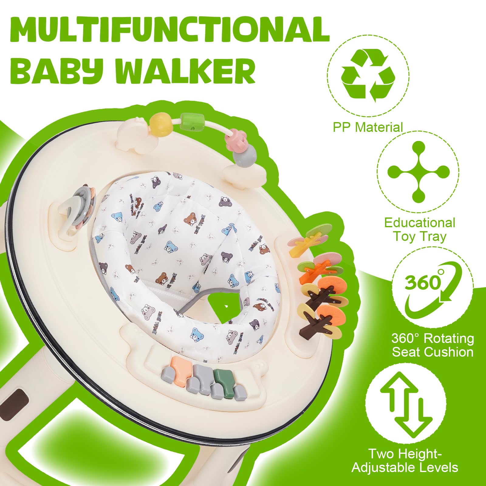 Trotteur Bébé, Réglable en Hauteur avec Siège Pivotant à 360°, Babywalker avec Roues Silencieuses à 360° et Plateau D'activités Musical Amovible,Anti-renversemen,9-18 Mois et Plus