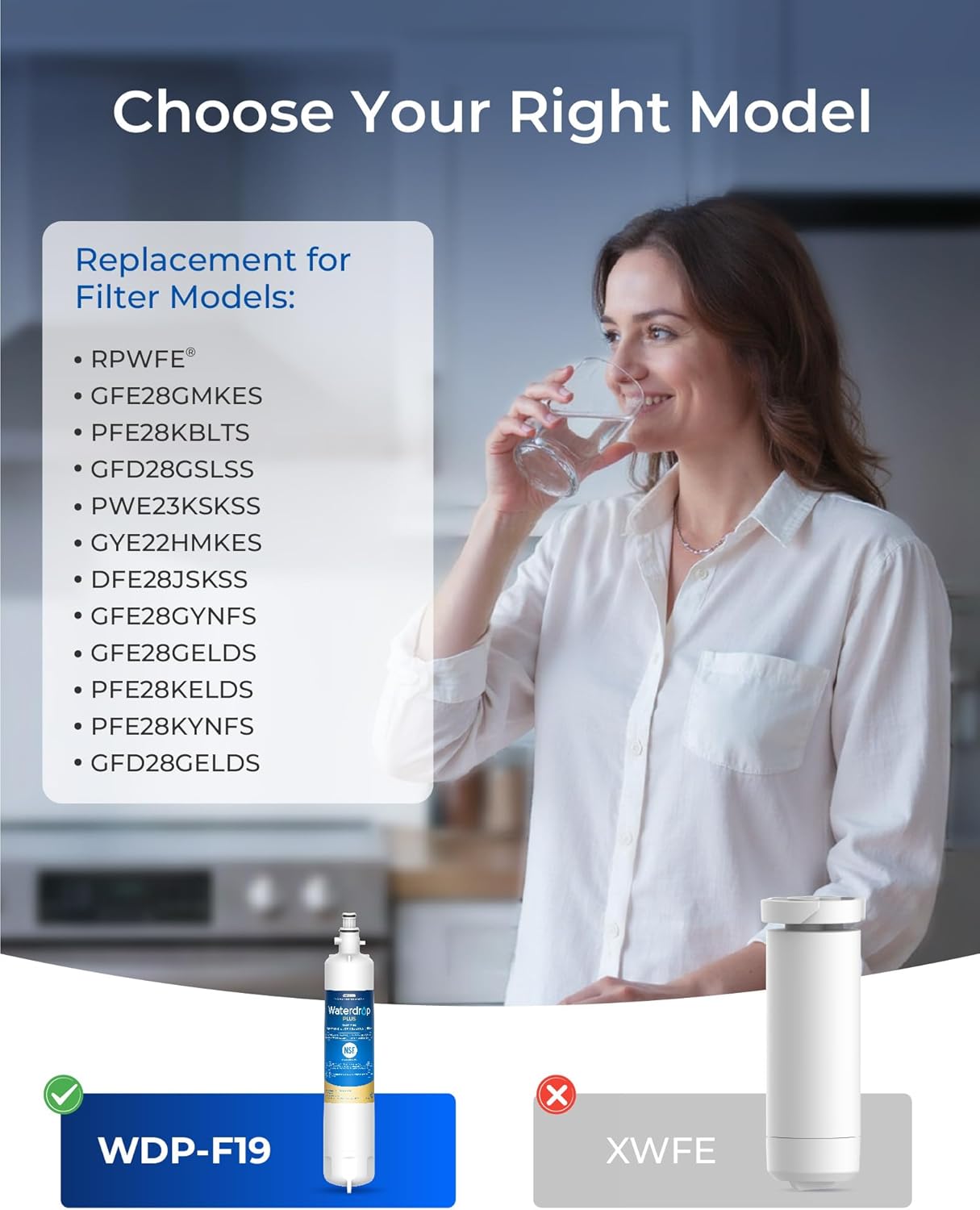 Waterdrop Plus WDP-F19C Replacement for GE® RPWFE®, RPWF (with CHIP) NSF 401 Refrigerator Water Filter, Compatible with WSG-4, GFE28GBLTS, GFE28GSKSS, PFE28KMKES, 2 Filters（Package May Vary）