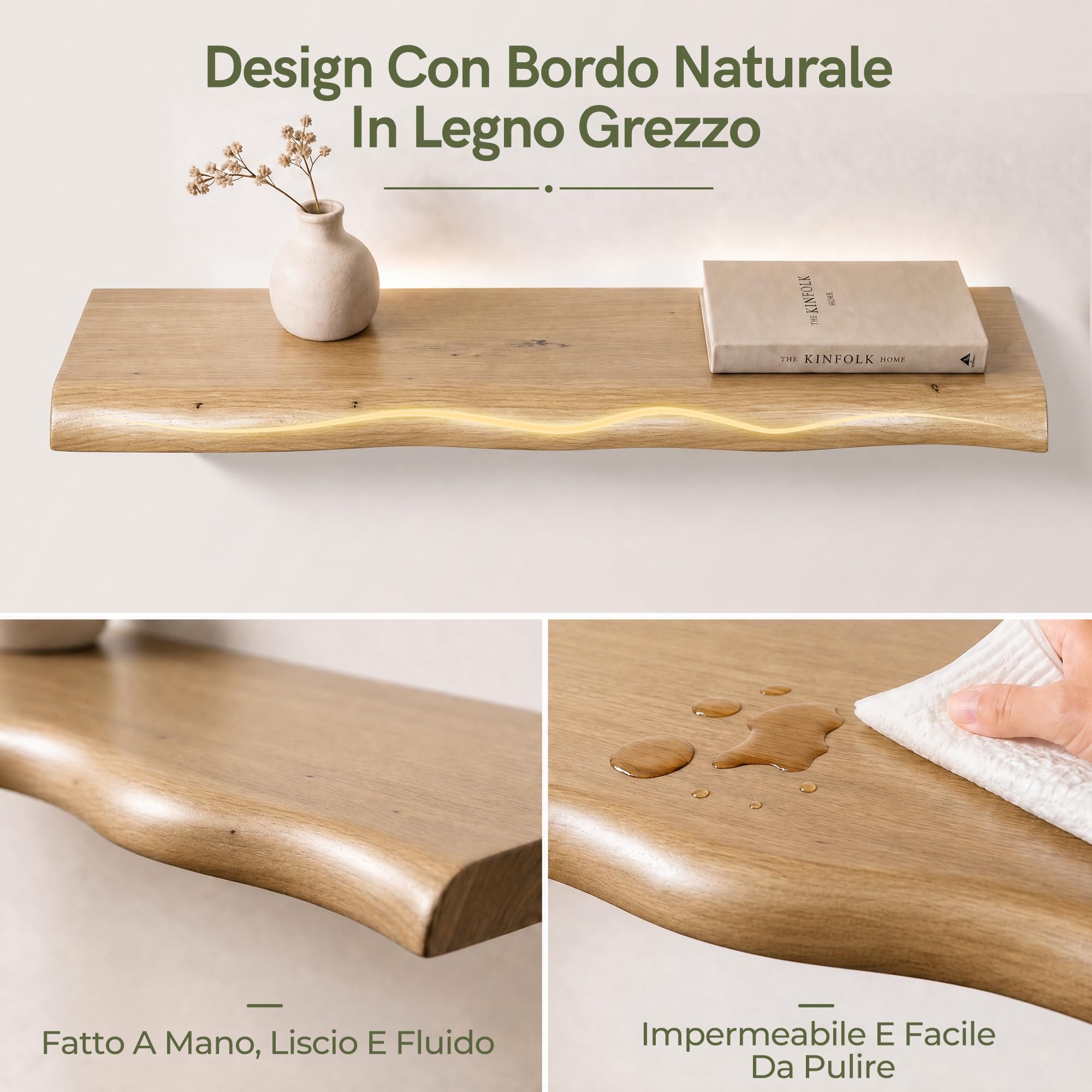 Afuly Mensole da Muro, Bordo Ondulato con Effetto Rovere, Set di 2, 60 cm | Supporti nascosti, per libri, piante, foto e decorazioni, soggiorno, camera e bagno, per esposizione e spazio contenitivo