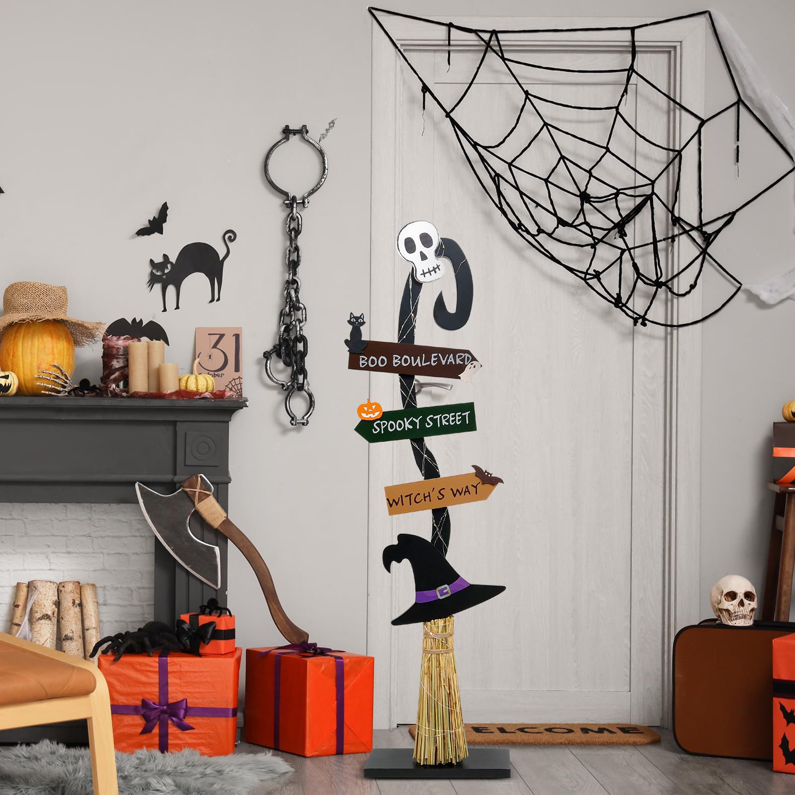 Decorazioni di Halloween | Scopa da strega in legno illuminato | Spooky Light Up Halloween Decor Witch Portico Cartello in piedi per interni ed esterni