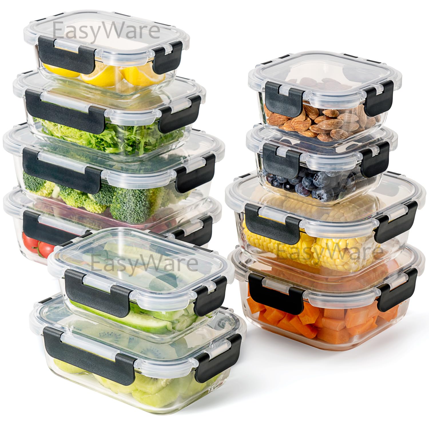EasyWare JUEGO DE 20 PIEZAS (10 RECIPIENTES) DE VIDRIO GRUESO, HERMÉTICOS, Contenedores Para Alimentos, Tapas Cierre Fácil, Refractarios para Cocina, Horno, Refrigerador Congelador y Despensa