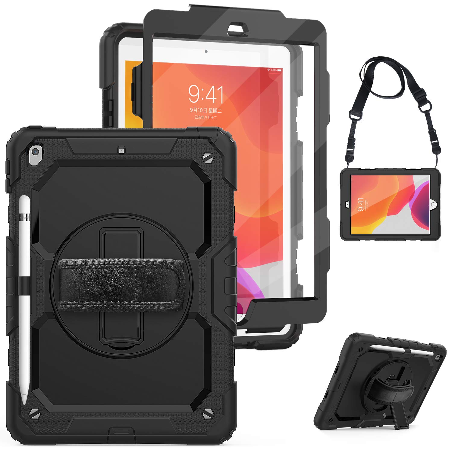 Herize iPad 9th Generation Case with Screen Protector | iPad 10.2 Case 2021/2020/2019 for Kids | iPad 8th/7th Generation Case Shockproof W/ Stand Hand Strap Shoulder Strap for iPad 10.2 Inch | Black