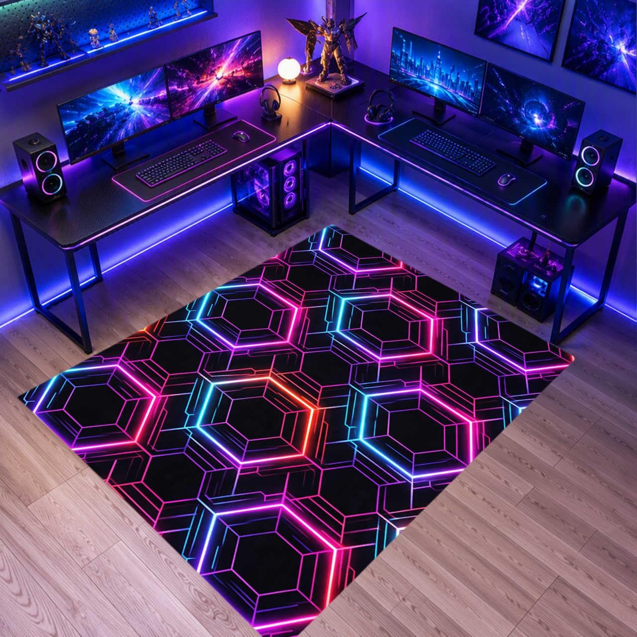 2x3 Colorful Hexagon Doormat Geometric Neon Light Washable Entry Mat