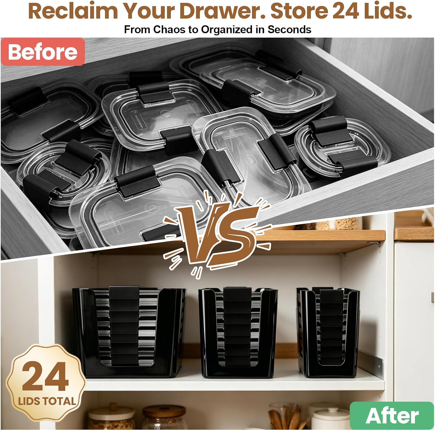 3Pcs Stackable Lids Organizer Compatible with Rubbermaid Brilliance Lids for 4.7 Cup,3.2 Cup,1.3 Cup&0.5 Cup Containers,Food Container Lid Organizer for Kitchen Drawer and Cabinet-Holds 24 Lids(Black)