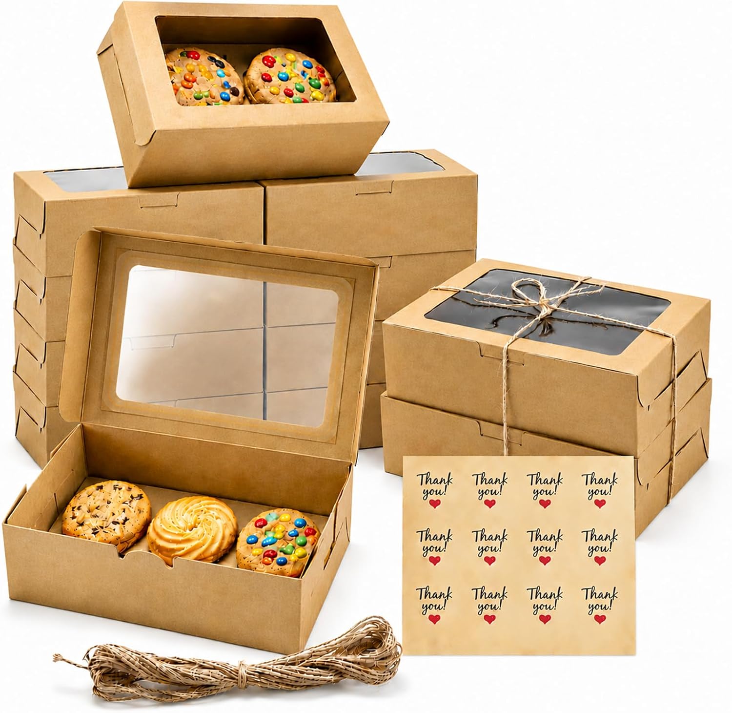 30 Pack Cookie Boxes, Brown Kraft Bakery Box with Window, 9x6x3In