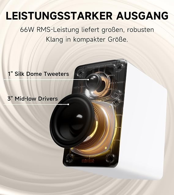 Edifier M60 Multimedia Speakers Bluetooth 5.3 66W RMS Hi-Res Audio & Hi-Res Wireless Audio LDAC 3 Inch Medium Bass & 1 Inch Tweeter USB-C & Aux Inputs Compact Desktop Speaker - White