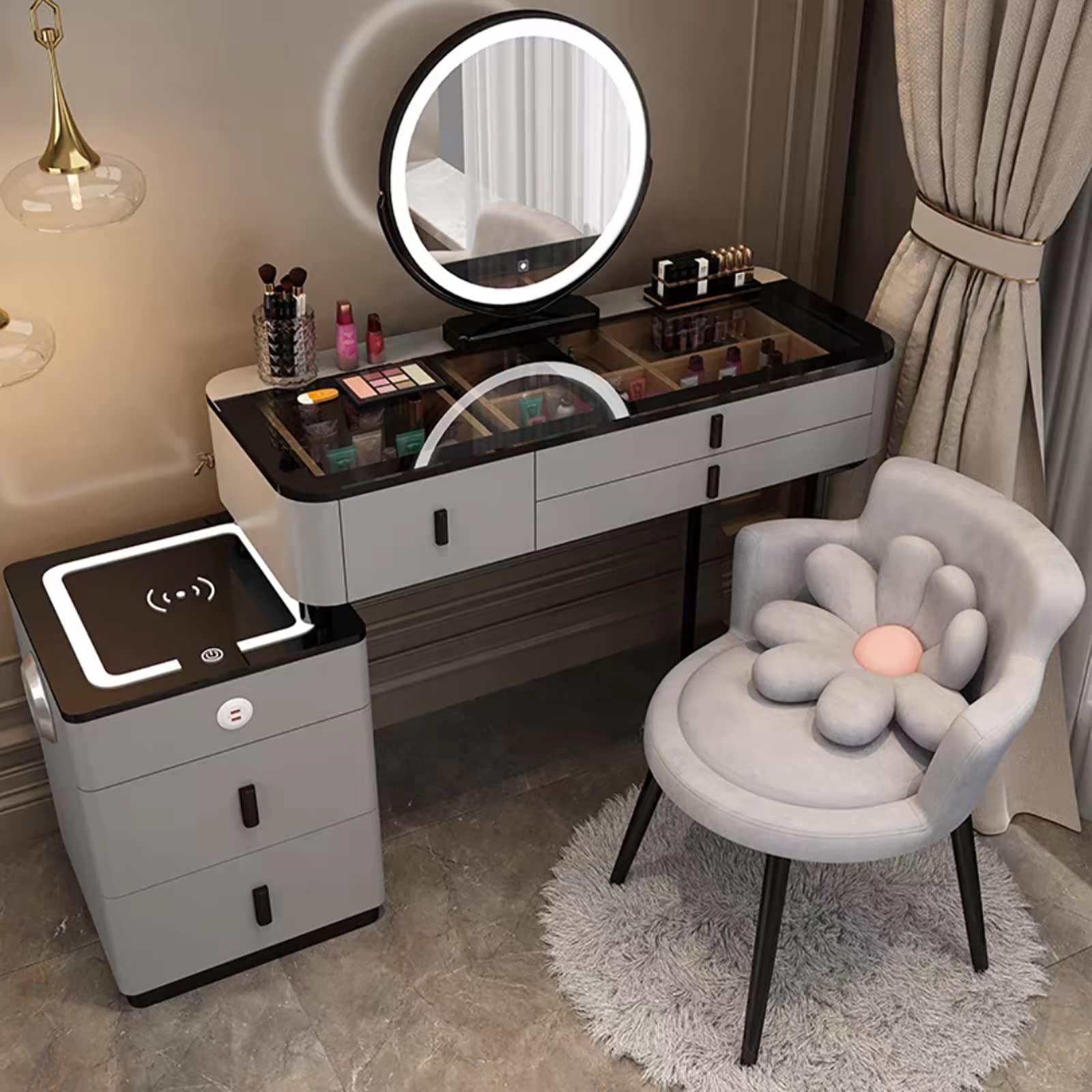 CGCSYZ Modern Vanity Makeup Table Set with Nightstand Adjustable Mirror Cushioned Stool 5 Drawers Bluetooth Audio Wireless Charging Gray 80CM/31.5IN(Gray-b-100CM/39IN)